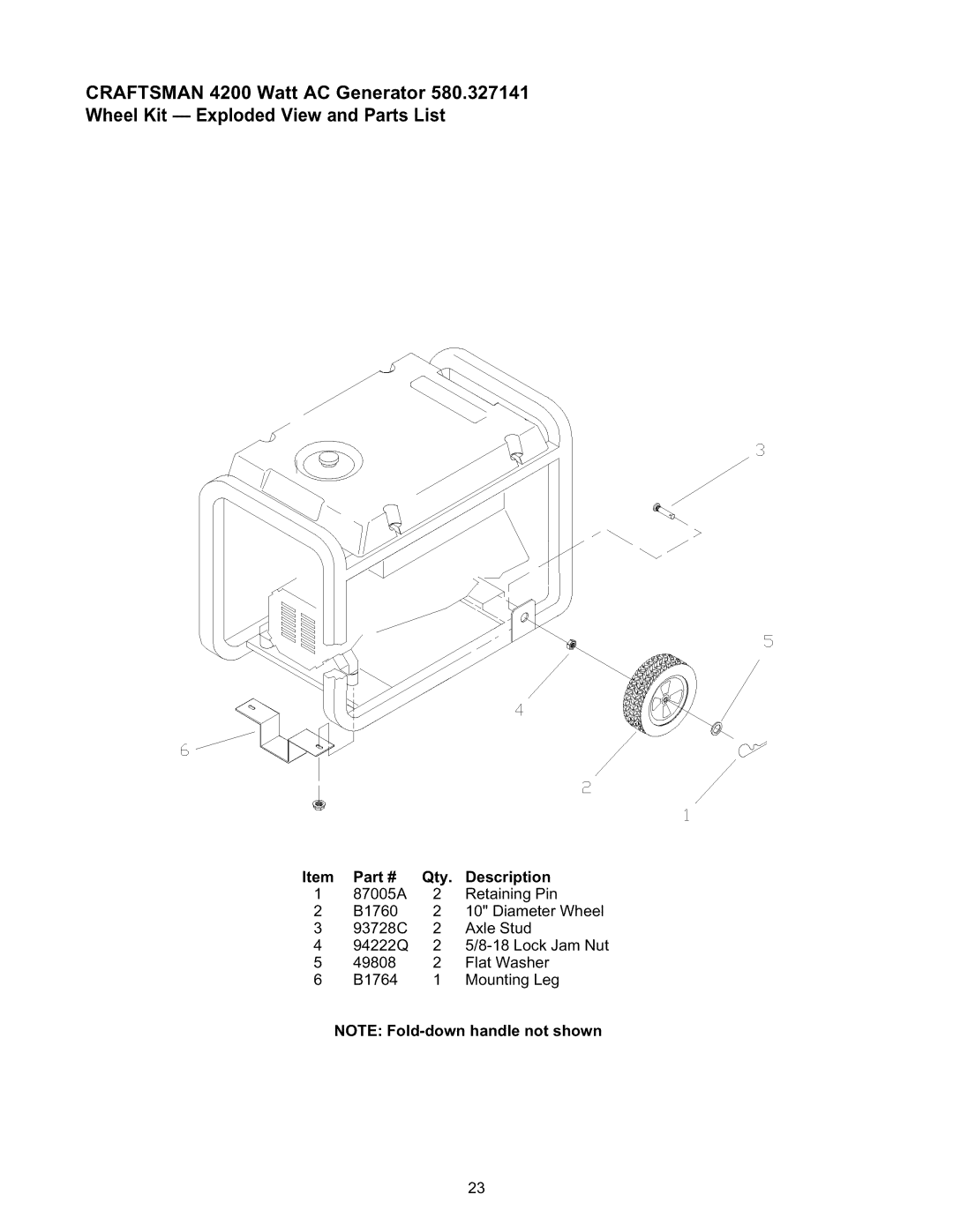 Craftsman 580.327141 owner manual CRAFTSMAN 4200 Watt AC Generator, Wheel Kit -- Exploded View and Parts List 