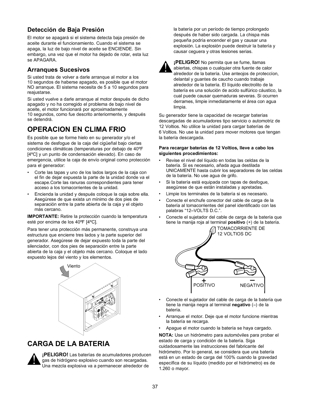Craftsman 580.327141 Operacion En Clima Frio, Carga De La Bateria, Deteccion de Baja Presion, Arranques Sucesivos 