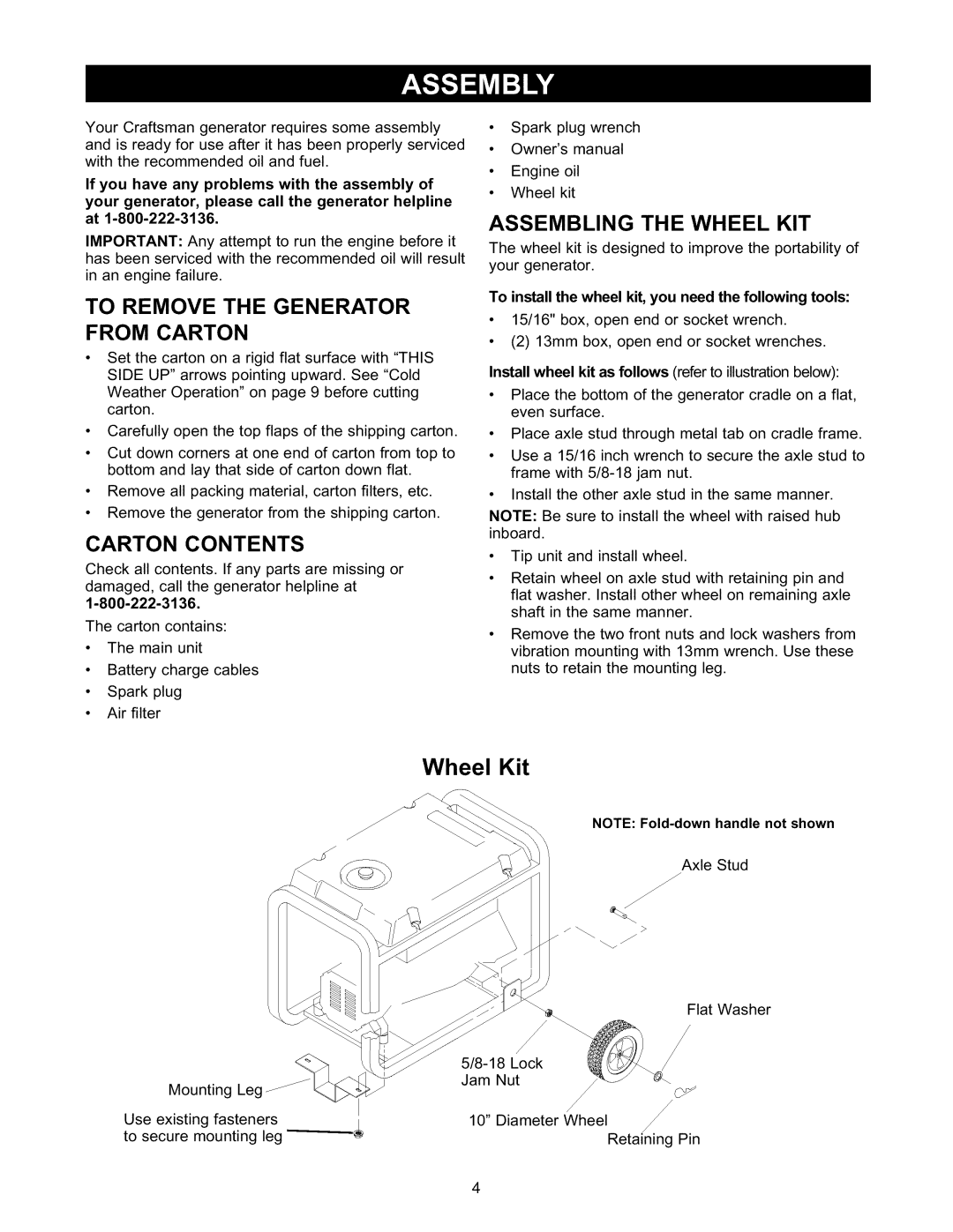 Craftsman 580.327141 owner manual Wheel Kit, inanenginefailure, To Remove The Generator From Carton, Carton Contents 