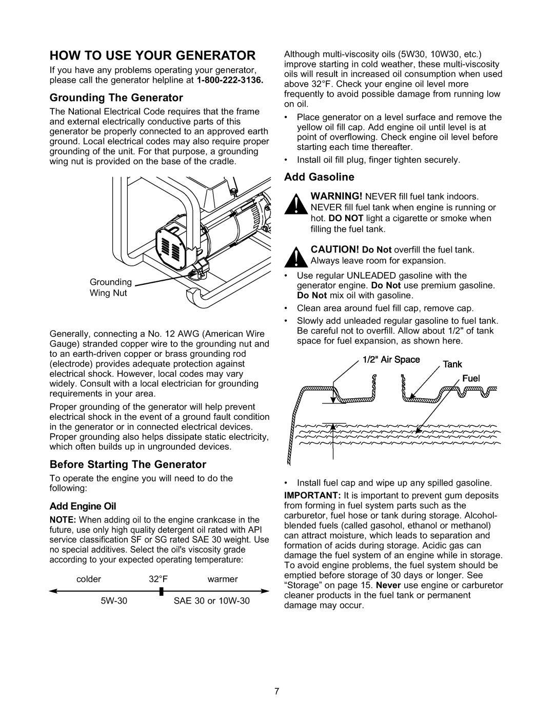 Craftsman 580.327141 How To Use Your Generator, Grounding The Generator, Add Gasoline, Before Starting The Generator 