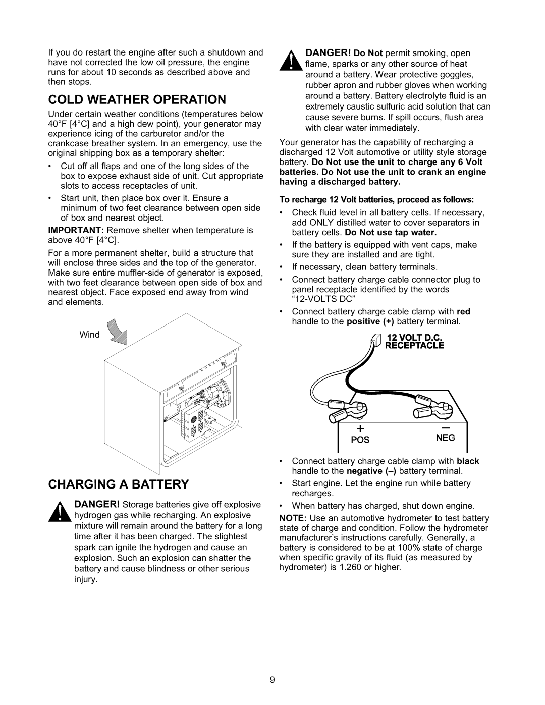 Craftsman 580.327141 owner manual thenstops COLD WEATHER OPERATION, Charging A Battery, Volt D.C Receptacle 