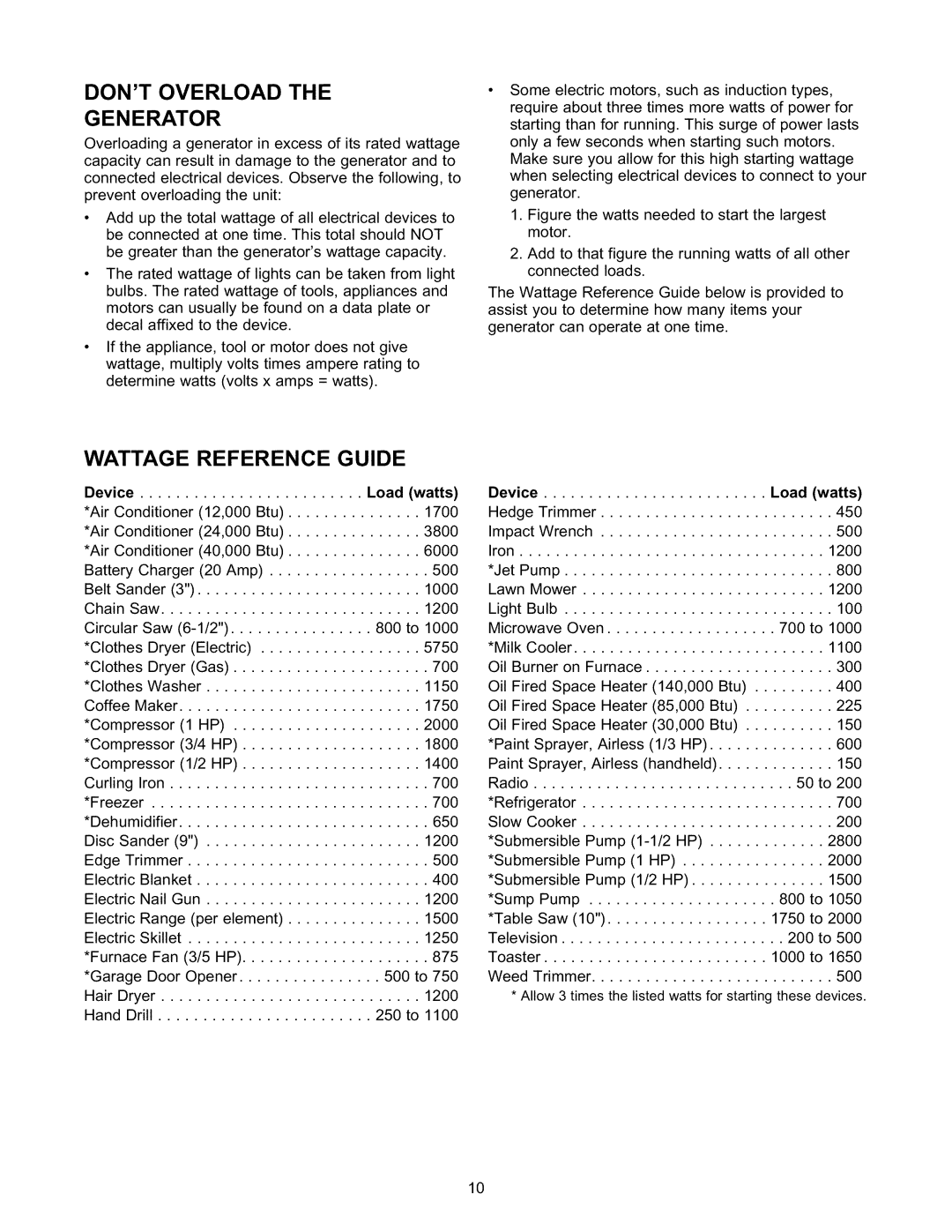 Craftsman 580.327141 owner manual Dont Overload Generator, Reference Guide, Device Load Watts 