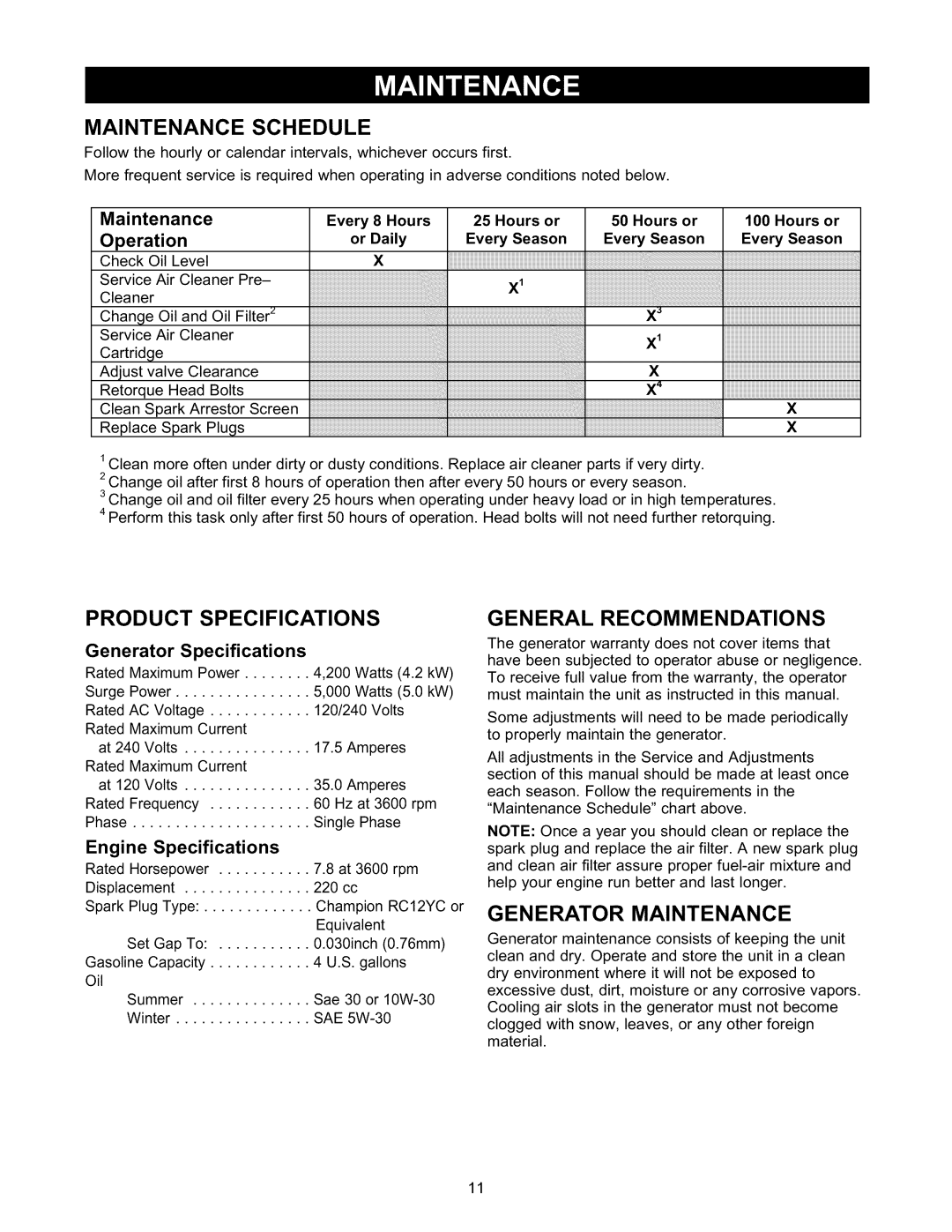 Craftsman 580.327141 Maintenance Schedule, Product Specifications, General Recommendations, Generator Maintenance 