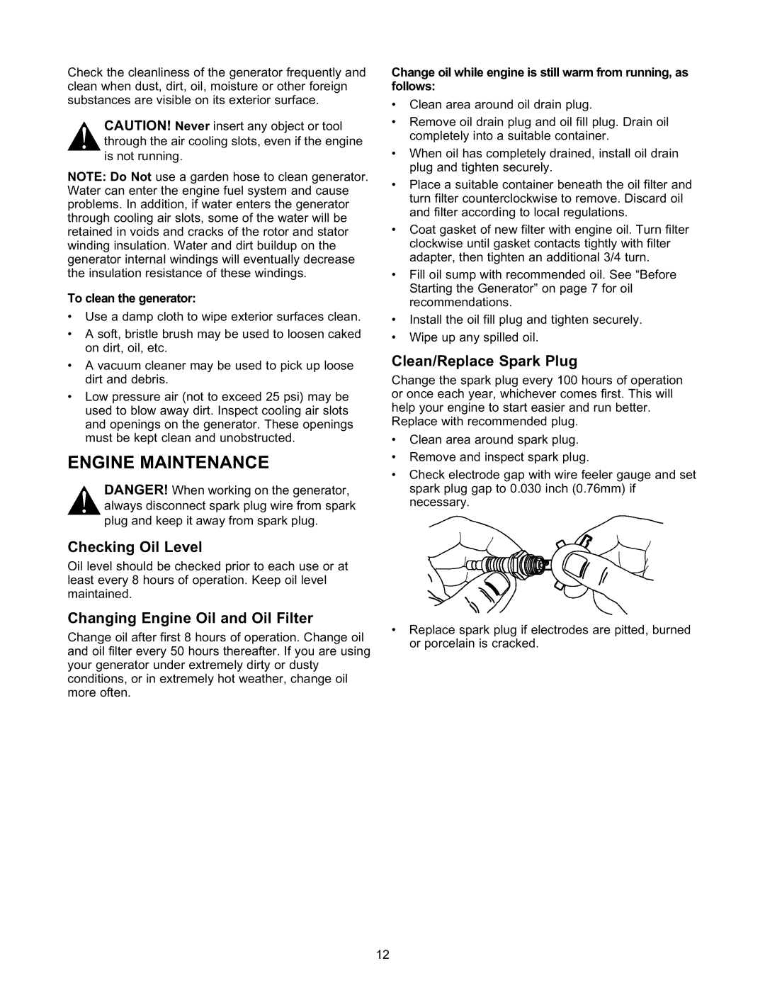 Craftsman 580.327141 Engine Maintenance, Clean/Replace Spark Plug, Checking Oil Level, Changing Engine Oil and Oil Filter 