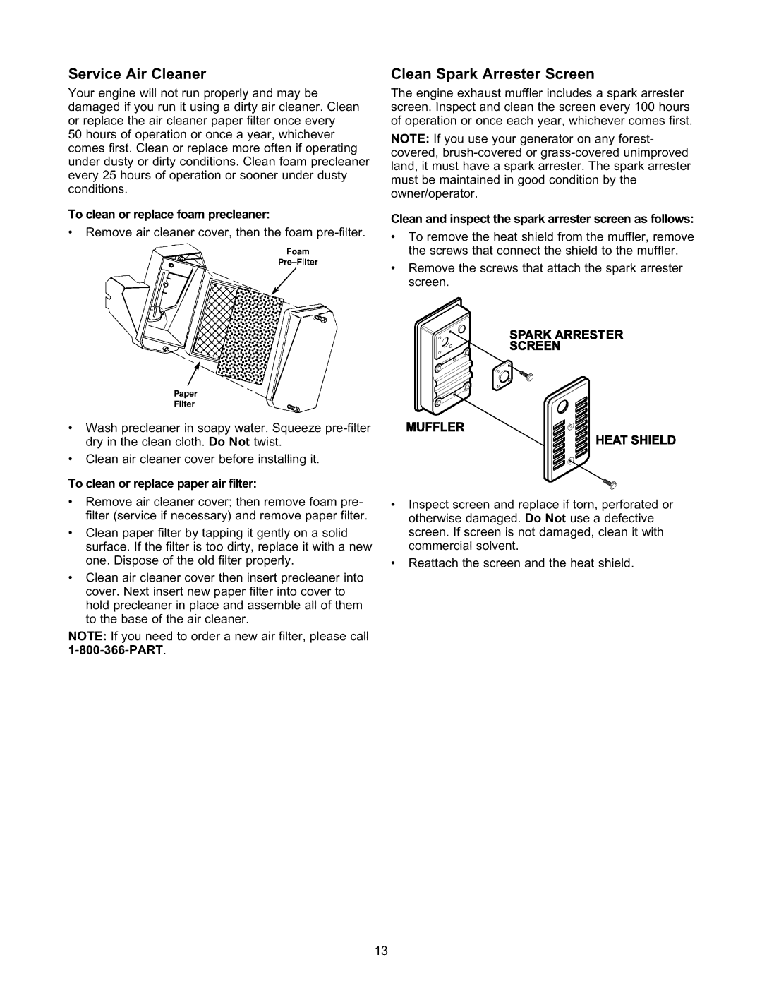 Craftsman 580.327141 owner manual Service Air Cleaner, Clean Spark Arrester Screen, To clean or replace paper air filter 