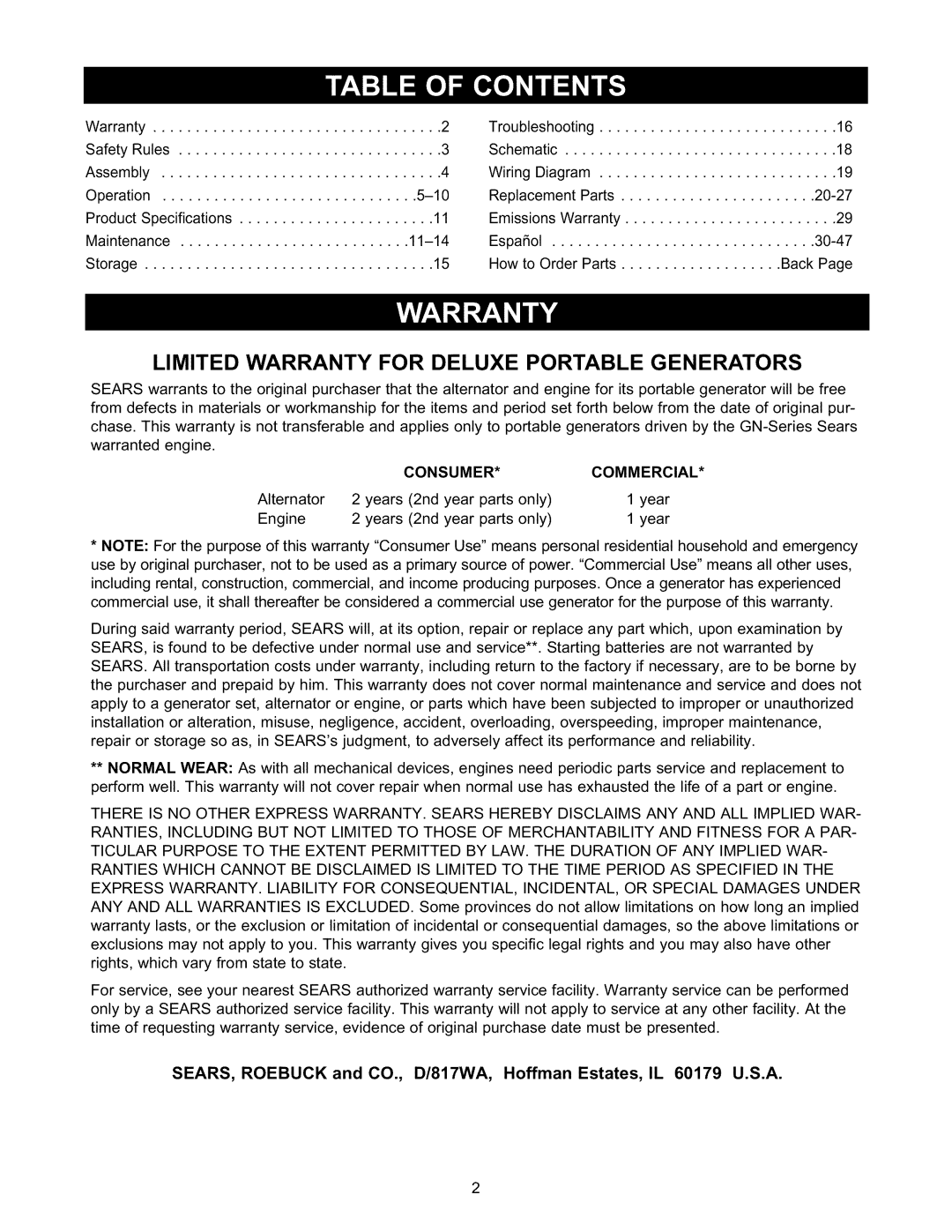 Craftsman 580.327141 owner manual Limited Warranty for Deluxe Portable Generators, Consumer Commercial 