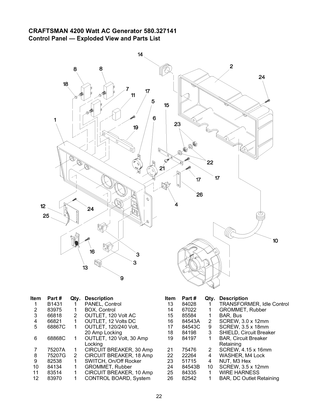 Craftsman 580.327141 owner manual Pa # Qty Description B1431 PANEL, Control 83975 BOX, Control 