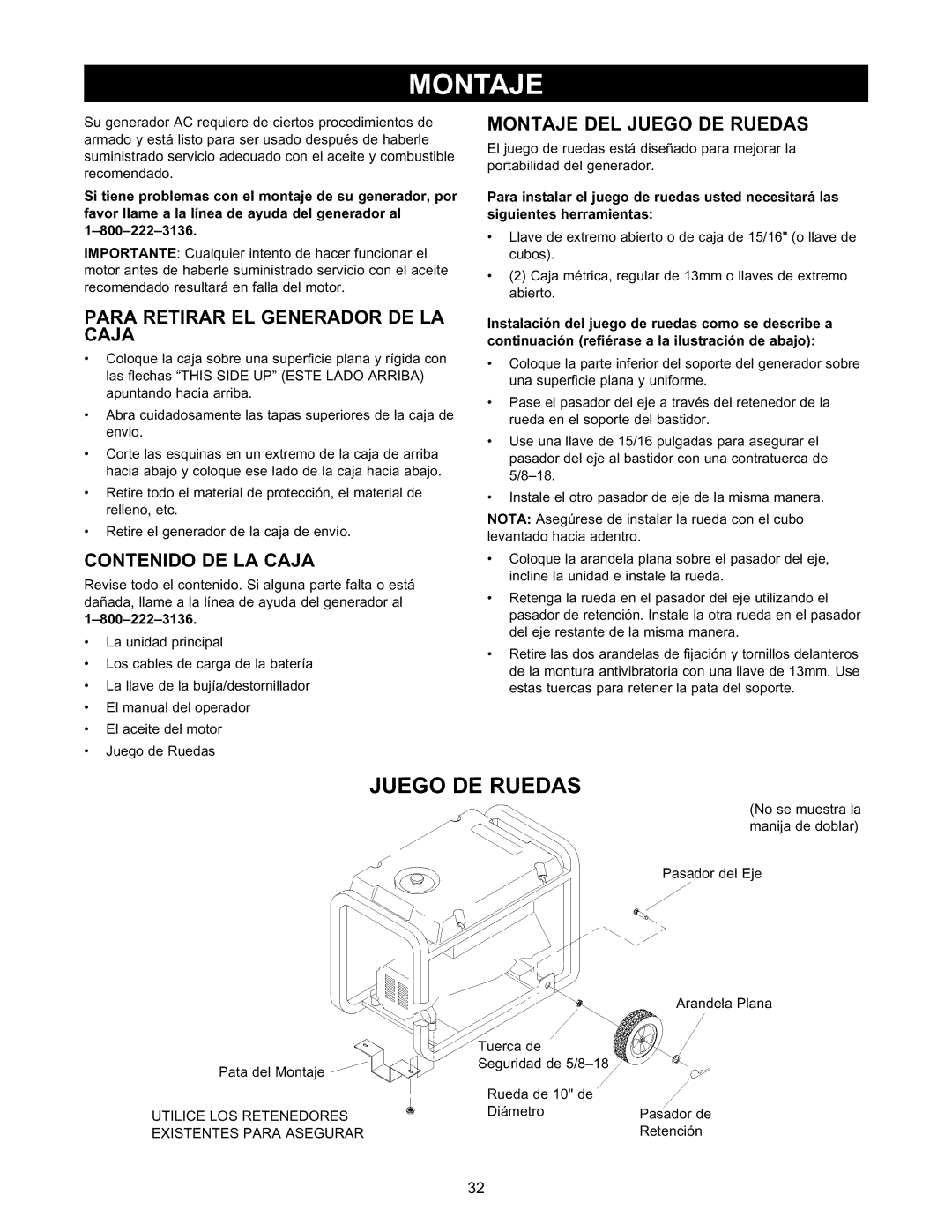 Craftsman 580.327141 owner manual Juego DE Ruedas, Para Retirar EL Generador DE LA 