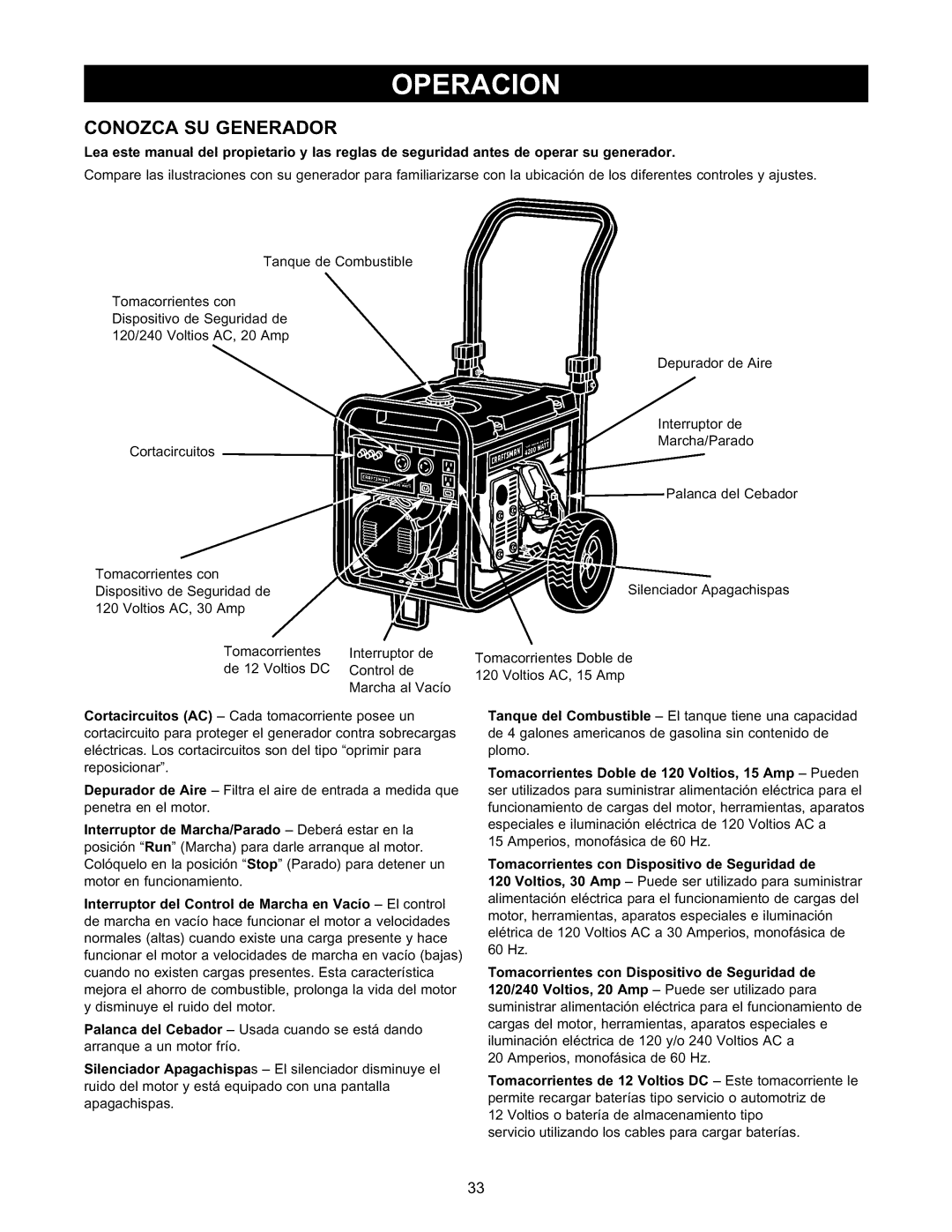 Craftsman 580.327141 owner manual Conozca SU Generador 