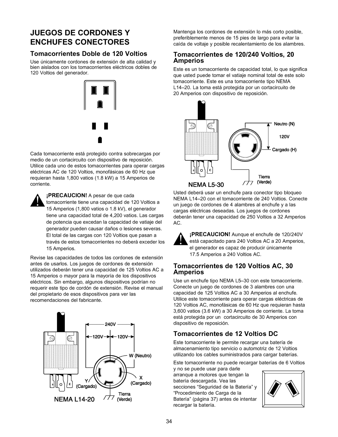 Craftsman 580.327141 owner manual Juegos DE Cordones Y Enchufes Conectores, Tomacorrientes Doble de 120 Voltios 