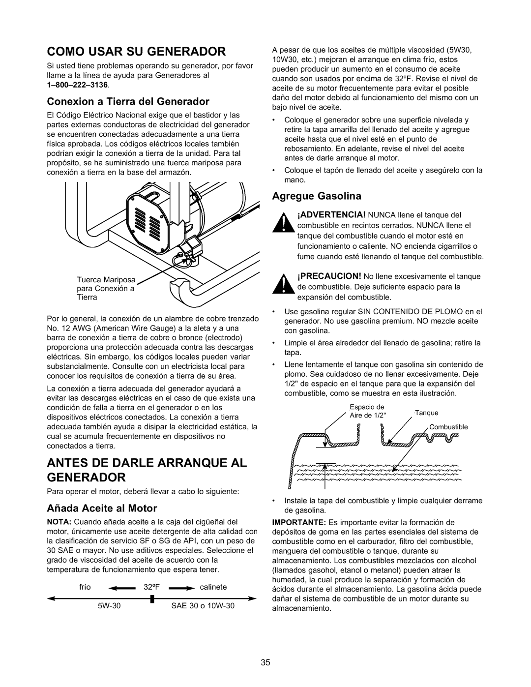 Craftsman 580.327141 Como Usar SU Generador, Antes DE Darle Arranque AL Generador, Conexion a Tierra del Generador 