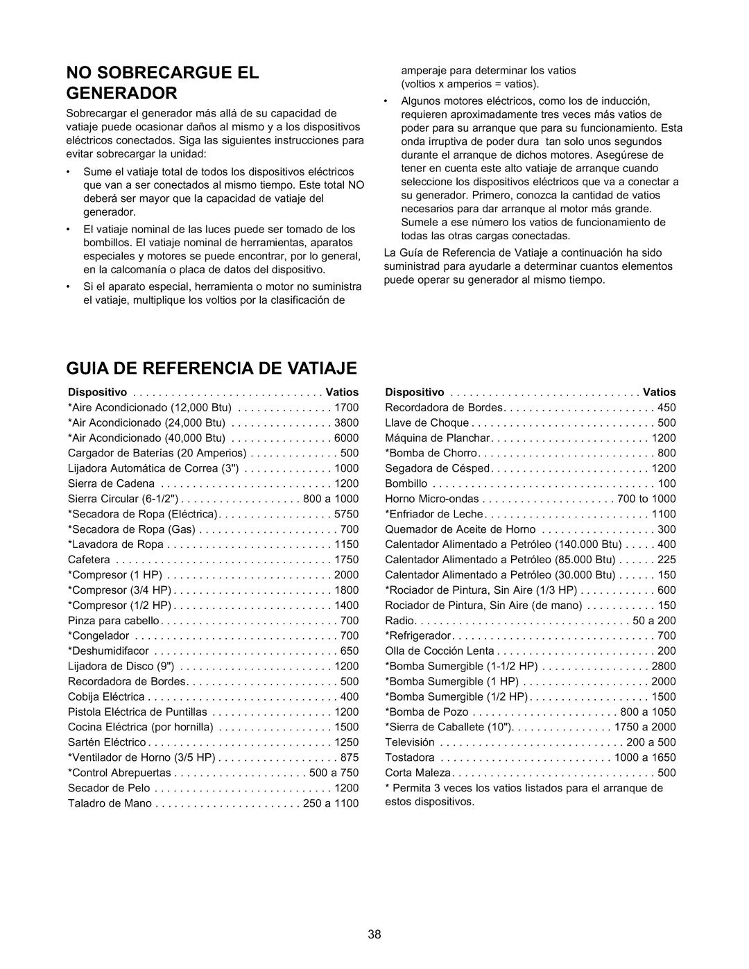 Craftsman 580.327141 owner manual No Sobrecargue EL Generador, Guia DE Referencia DE Vatiaje 