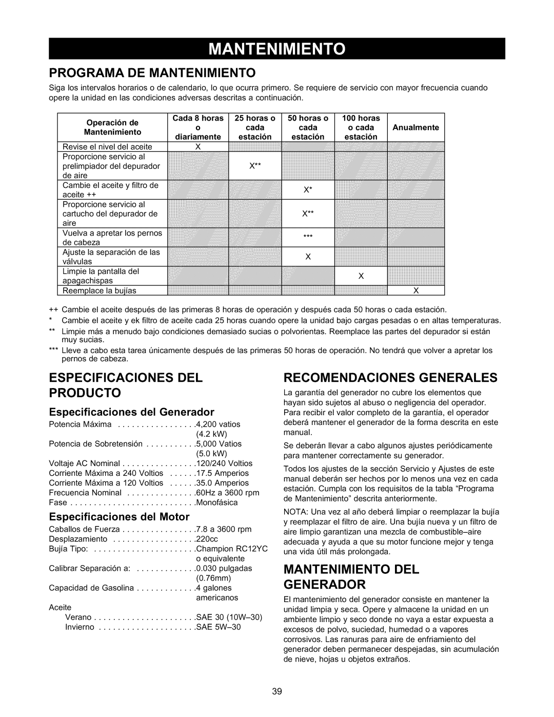 Craftsman 580.327141 owner manual Programa DE Mantenimiento, Especificaciones DEL Producto, Recomendaciones Generales 