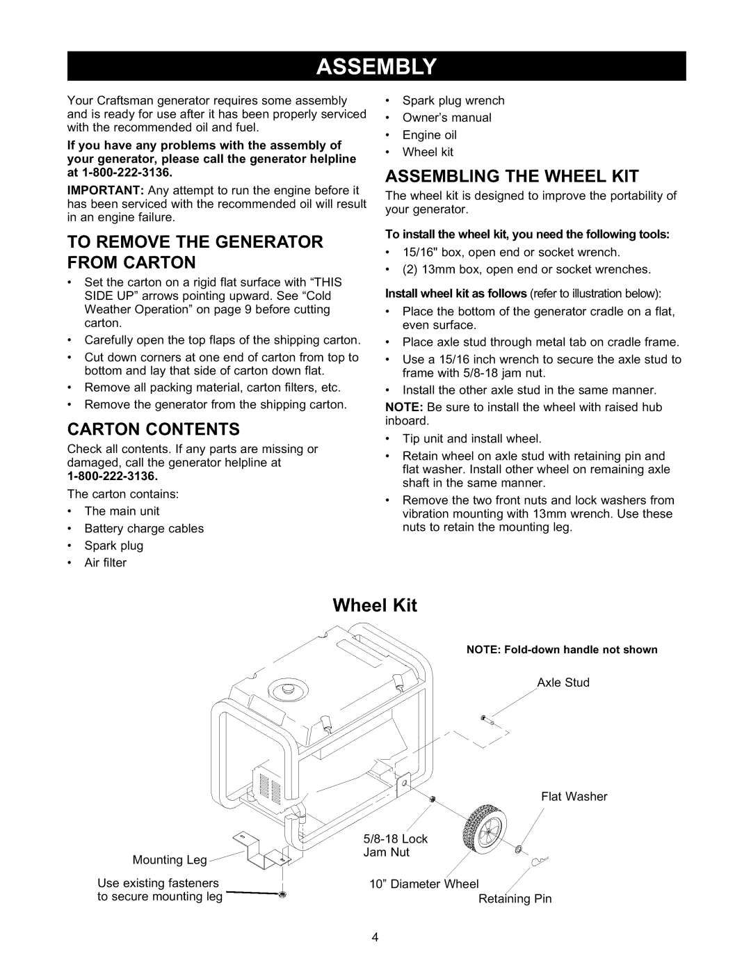 Craftsman 580.327141 owner manual To Remove the Generator From Carton, Carton Contents, Assembling the Wheel KIT 