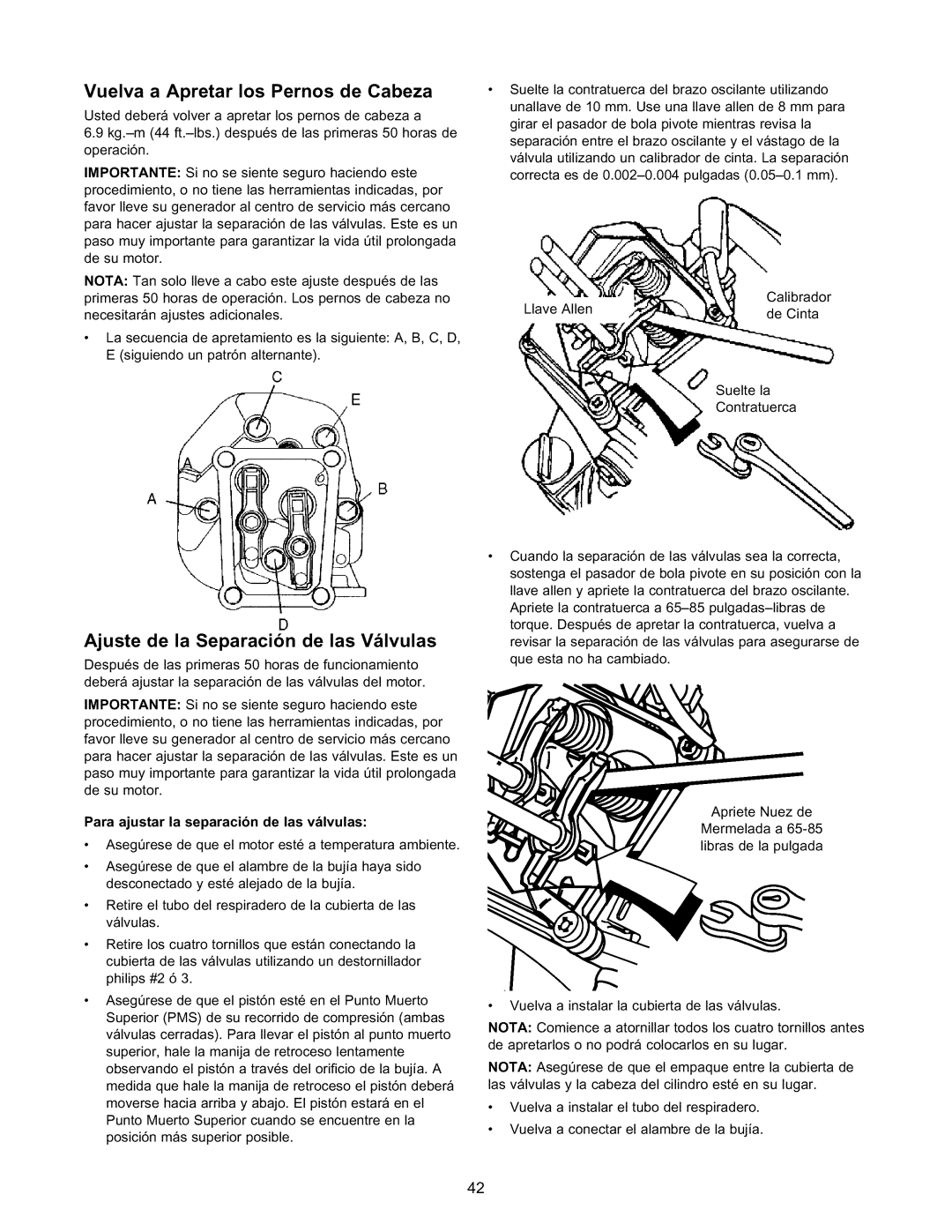 Craftsman 580.327141 owner manual Vuelva a Apretar los Pernos de Cabeza, Ajuste de la Separacion de las Vlvulas 