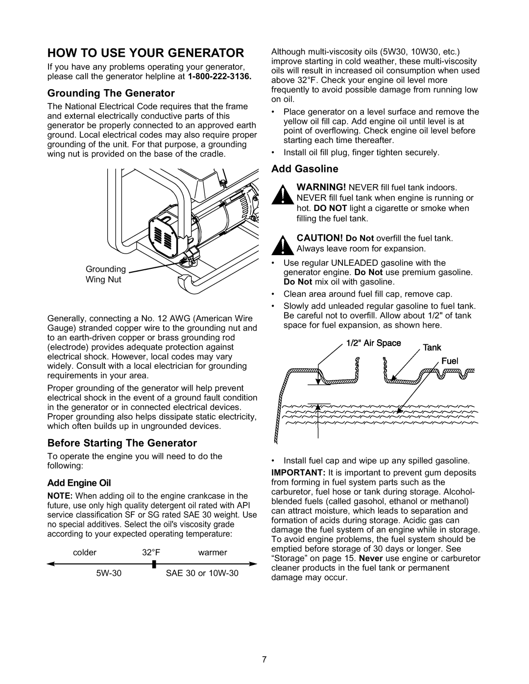 Craftsman 580.327141 HOW to USE Your Generator, Grounding The Generator, Add Gasoline, Before Starting The Generator 