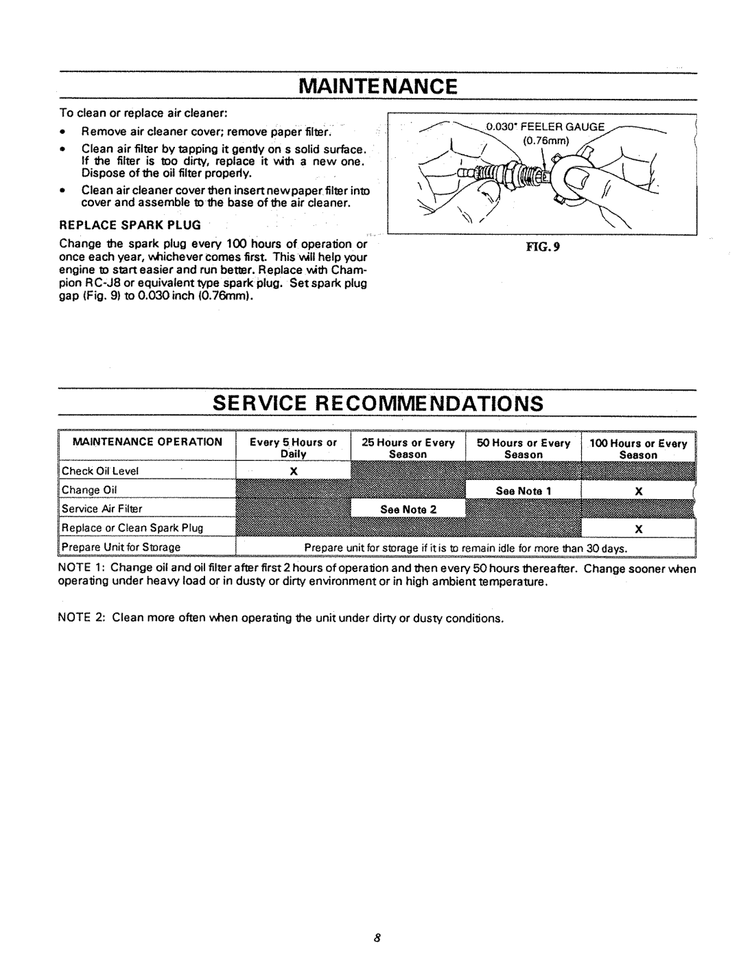 Craftsman 580.32727 owner manual Service Recommendations, Replace Spark Plug, Maintenance Operation 