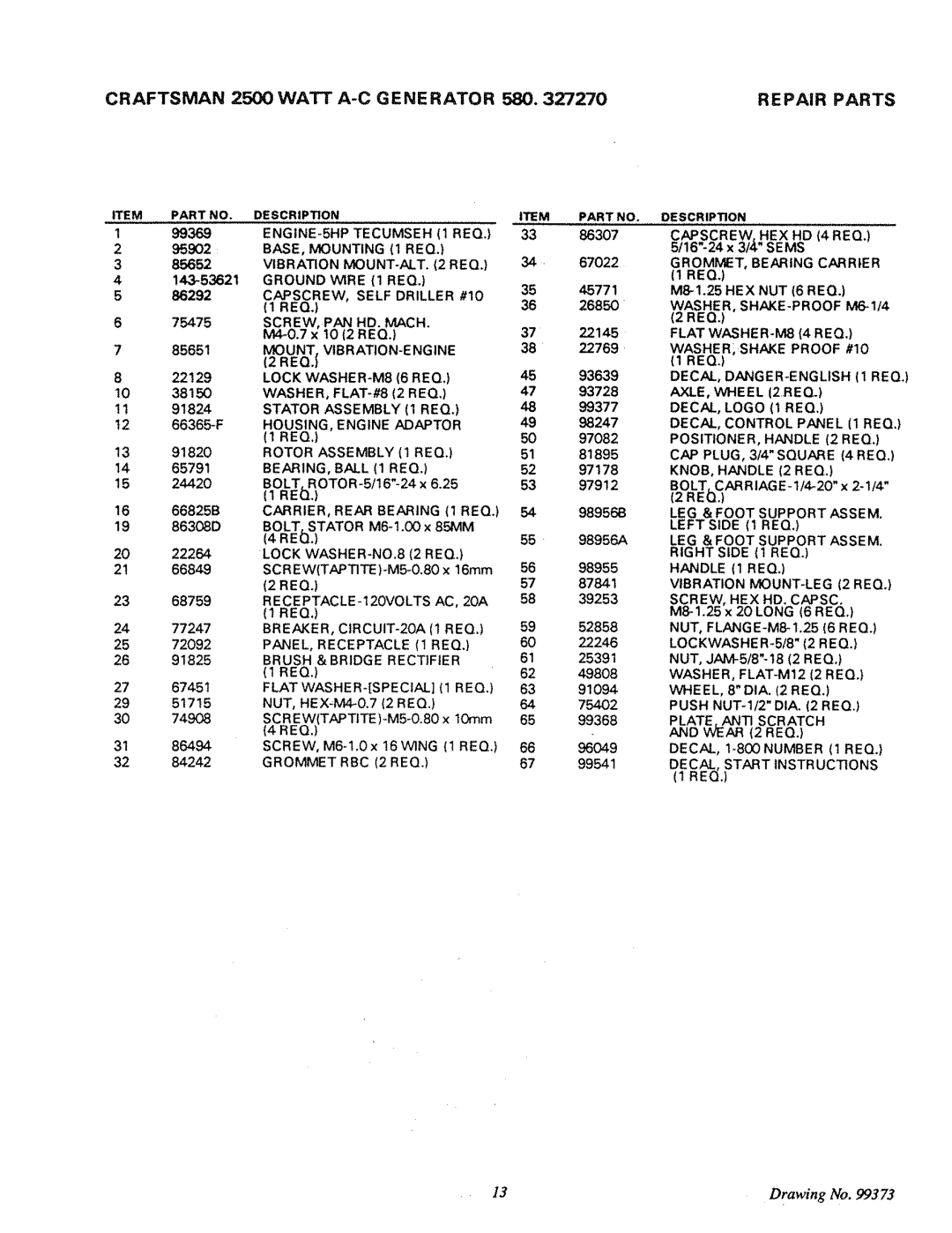 Craftsman 580.32727 owner manual Craftsman Watt A-C Generator 