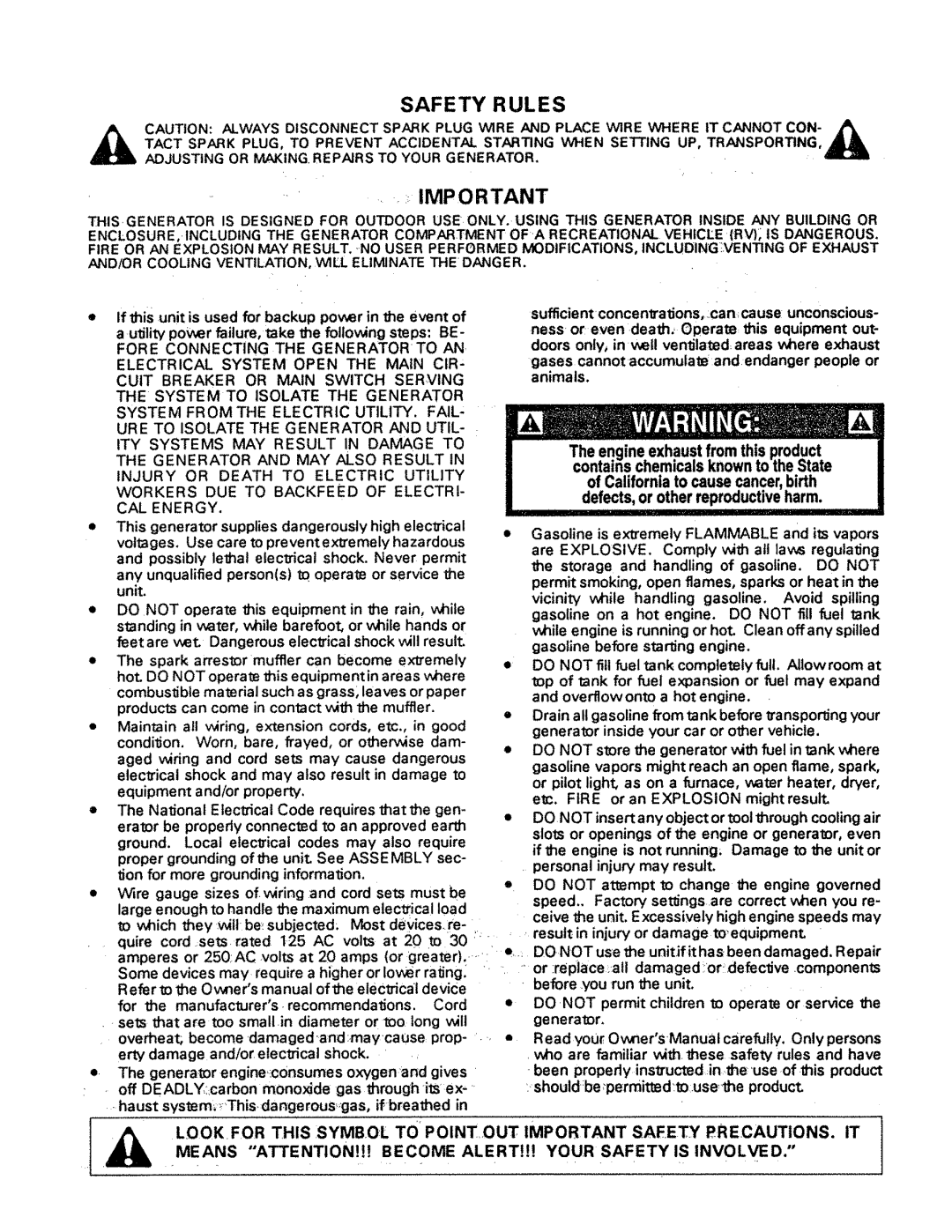 Craftsman 580.32727 owner manual Safety Rules, Fore Connecting the Generatorto AN 