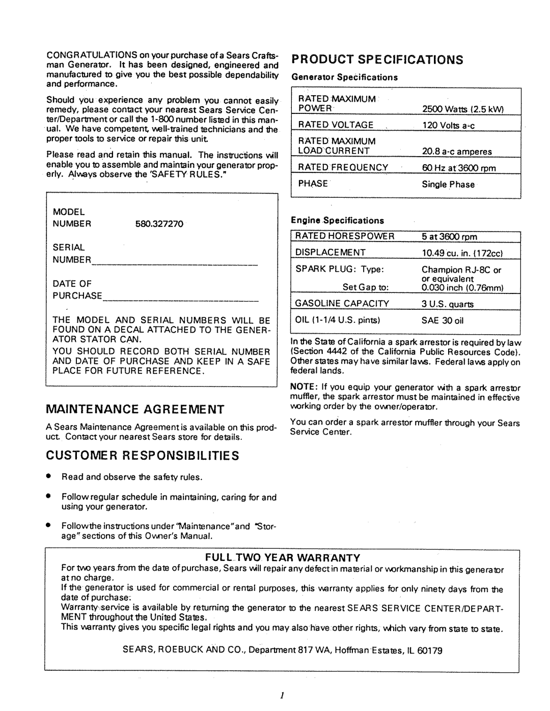 Craftsman 580.32727 owner manual Model, Power, Rate Dfre, Rated Horespower 