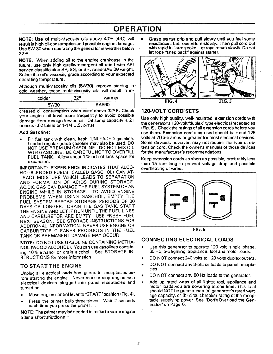 Craftsman 580.32727 owner manual Operation, Volt Cordsets, Add Gasoline, To Start the Engine 