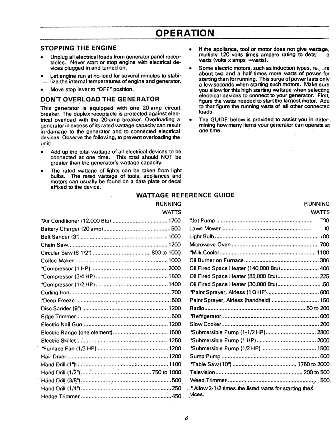 Craftsman 580.32727 owner manual Stopping the Engine, Dont Overload the Generator, Wattage Reference Guide Running 