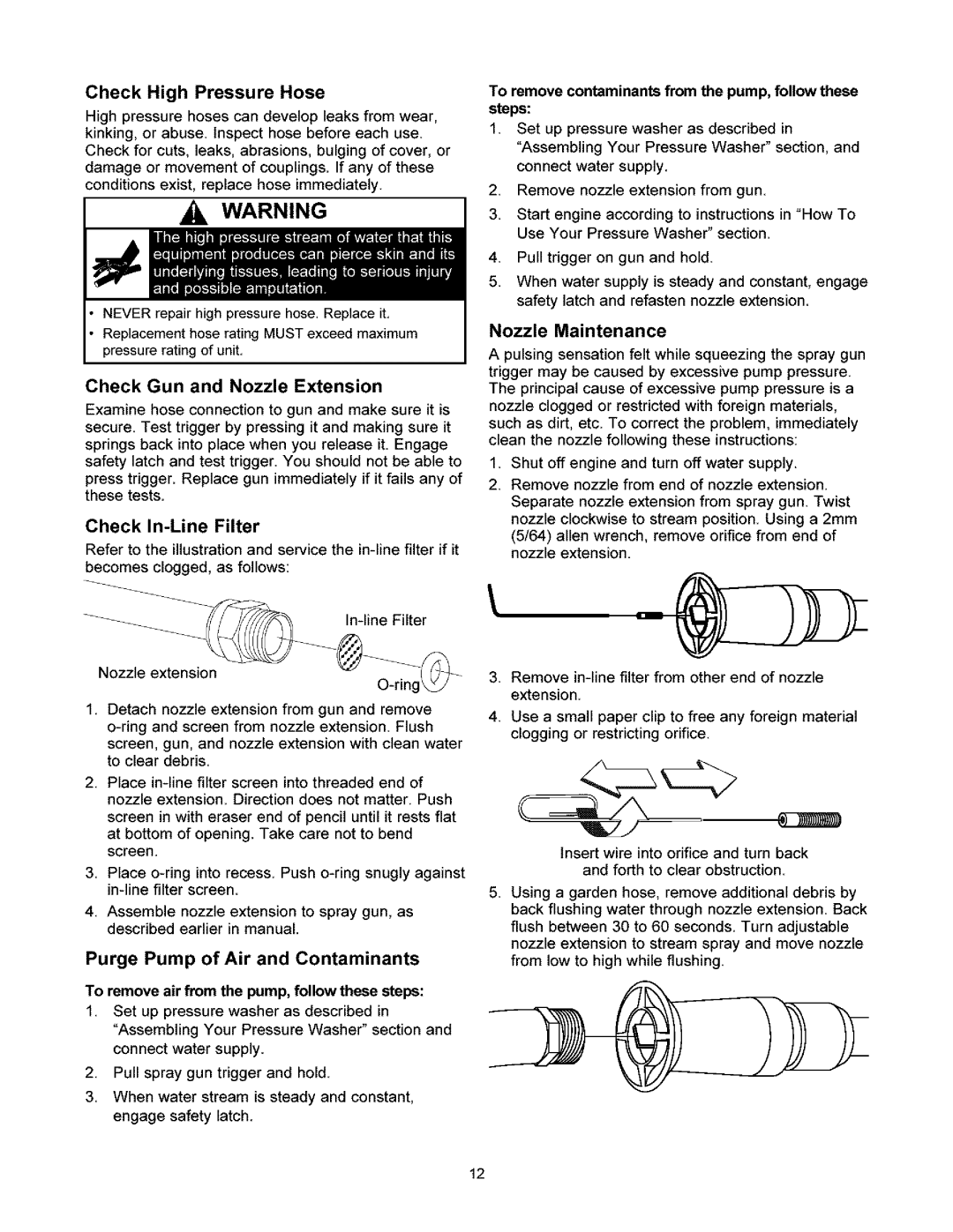 Craftsman 580.6722 owner manual Check Gun and Nozzle Extension, Check In-Line Filter, Purge Pump of Air and Contaminants 