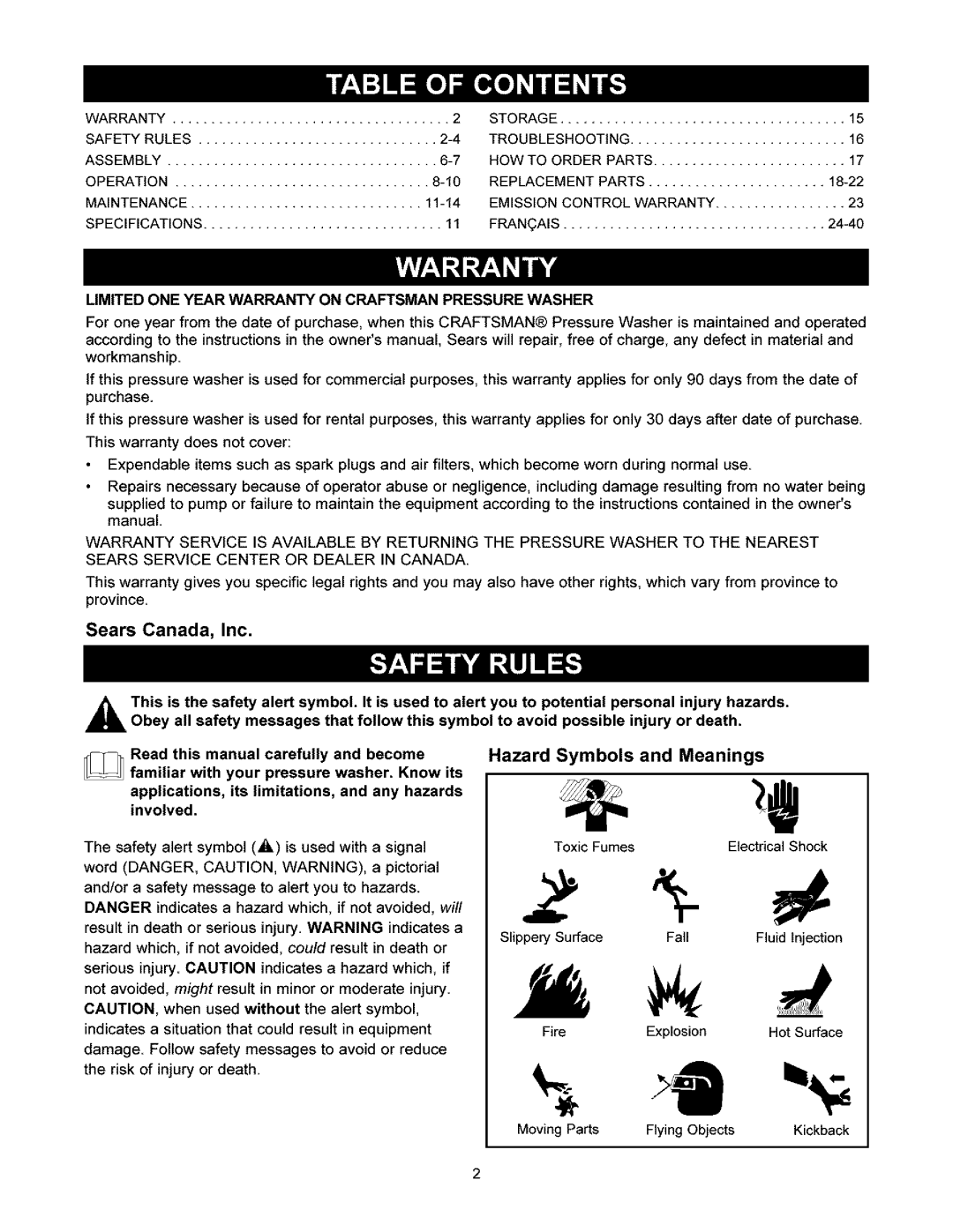 Craftsman 580.6722 owner manual Hazard Symbols and Meanings, Umited ONE Year Warranty on Craftsman Pressure Washer 