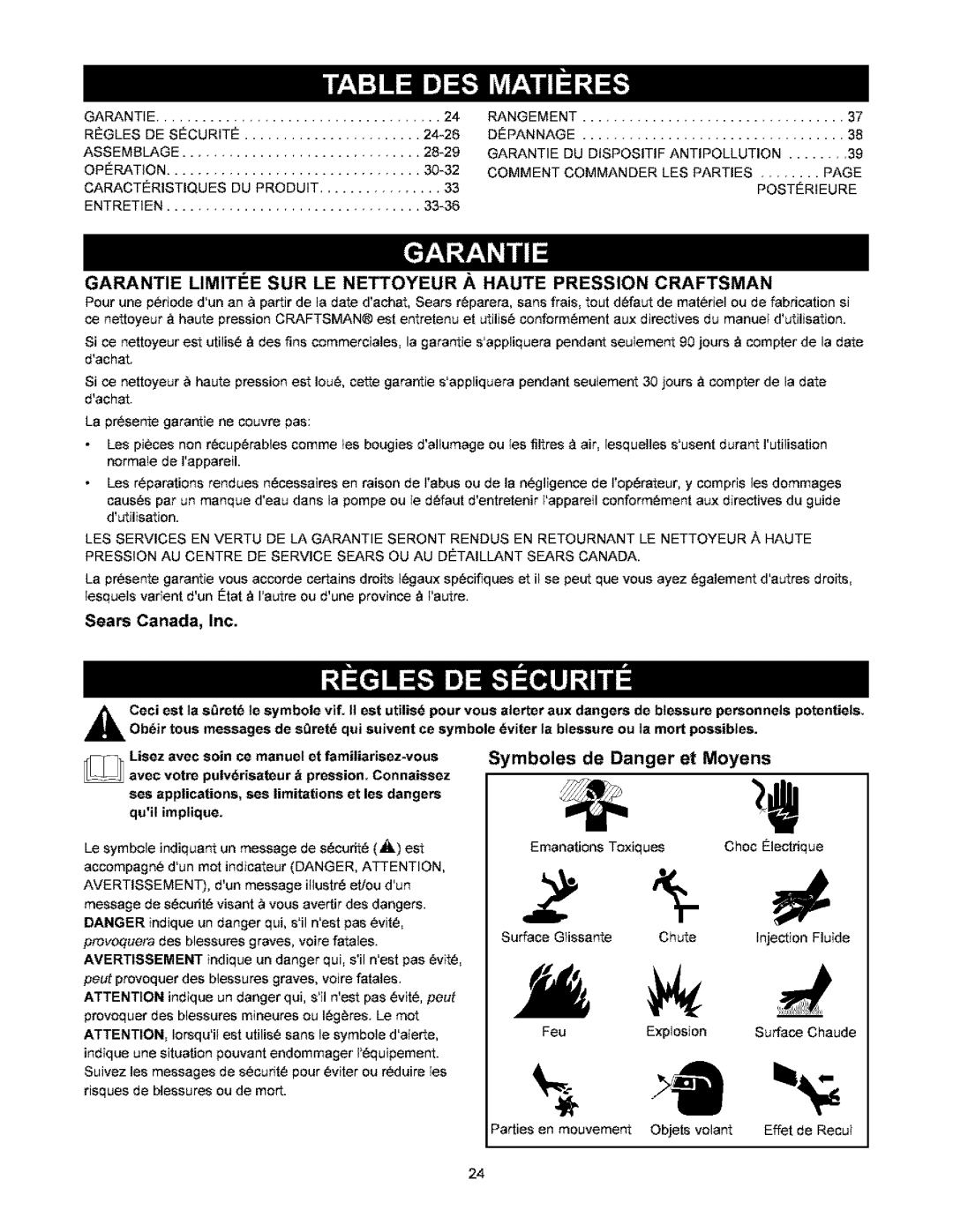 Craftsman 580.6722 owner manual Symboles de Danger et Moyens, Sears Canada, Inc, Dachat 