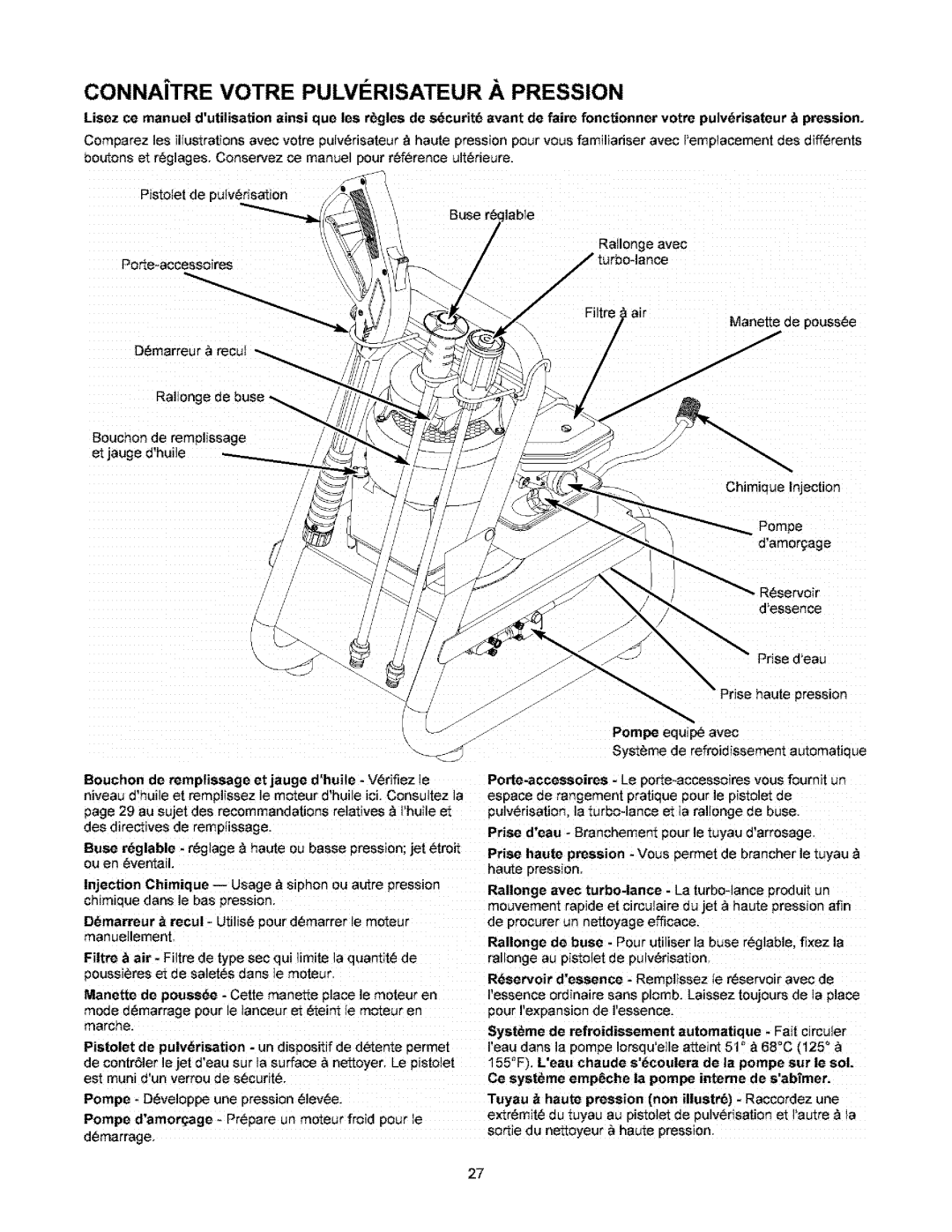 Craftsman 580.6722 owner manual Lre, Rallonge de buse, Et jaug, Injection, Pompe Developpe une pression 6levee, Eseoir 