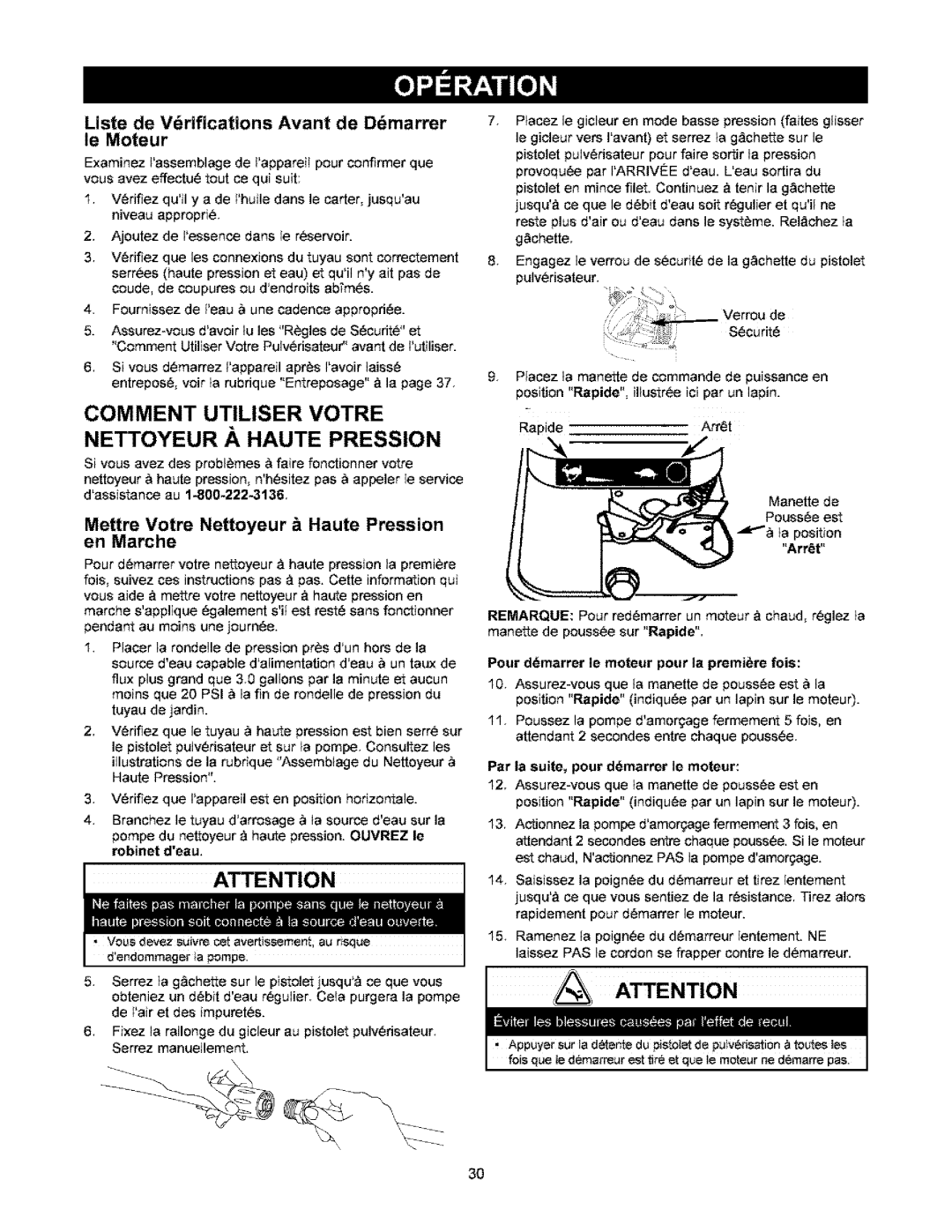 Craftsman 580.6722 Comment Utiliser Votre Nettoyeur .&.HAUTE Pression, Liste de Vdfications Avant de Dmarrer le Moteur 