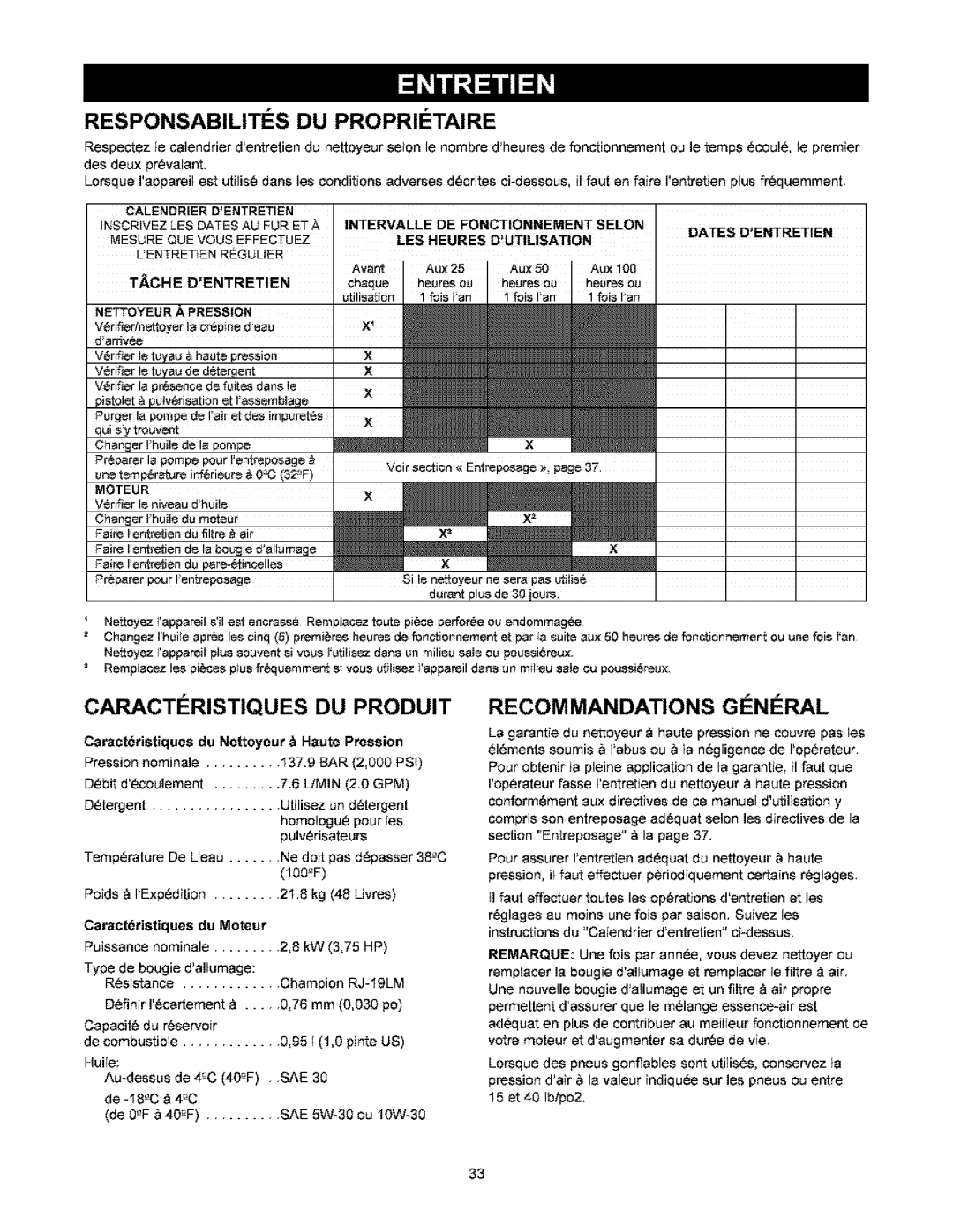 Craftsman 580.6722 owner manual Responsabilites DU Proprietaire, Recommandations General 