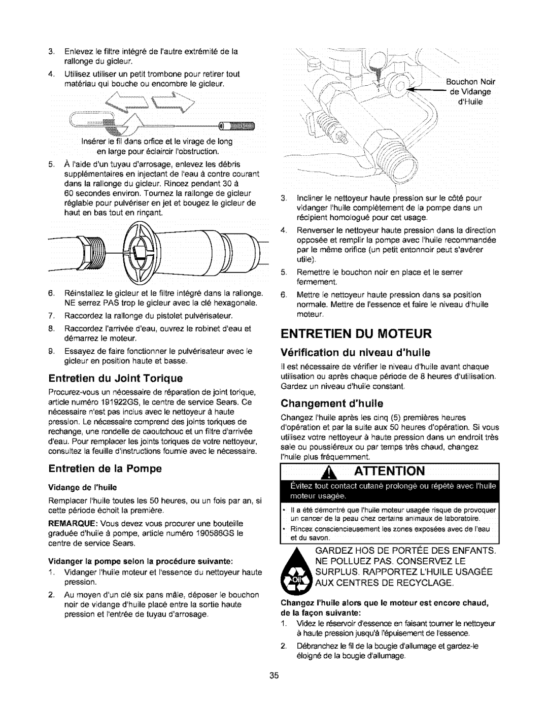 Craftsman 580.6722 owner manual Entretien DU Moteur, Entretien de la Pompe, Changement dhuile 