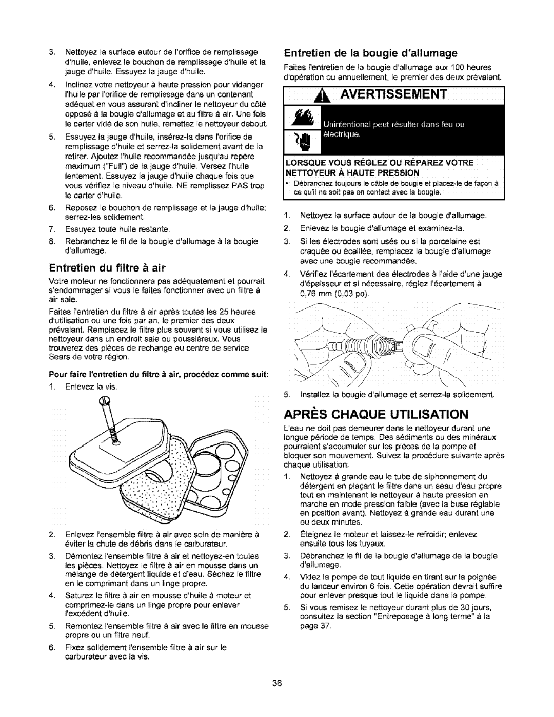 Craftsman 580.6722 owner manual Apres Chaque Utilisation, Entretien du filtre & air 