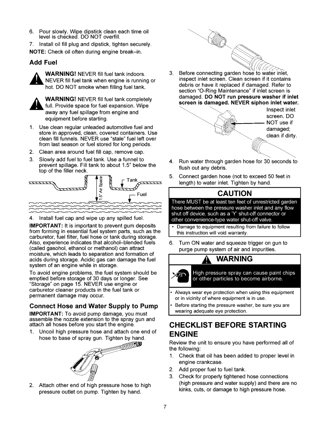 Craftsman 580.6722 owner manual Checklist Before Starting Engine, Connect Hose and Water Supply to Pump 