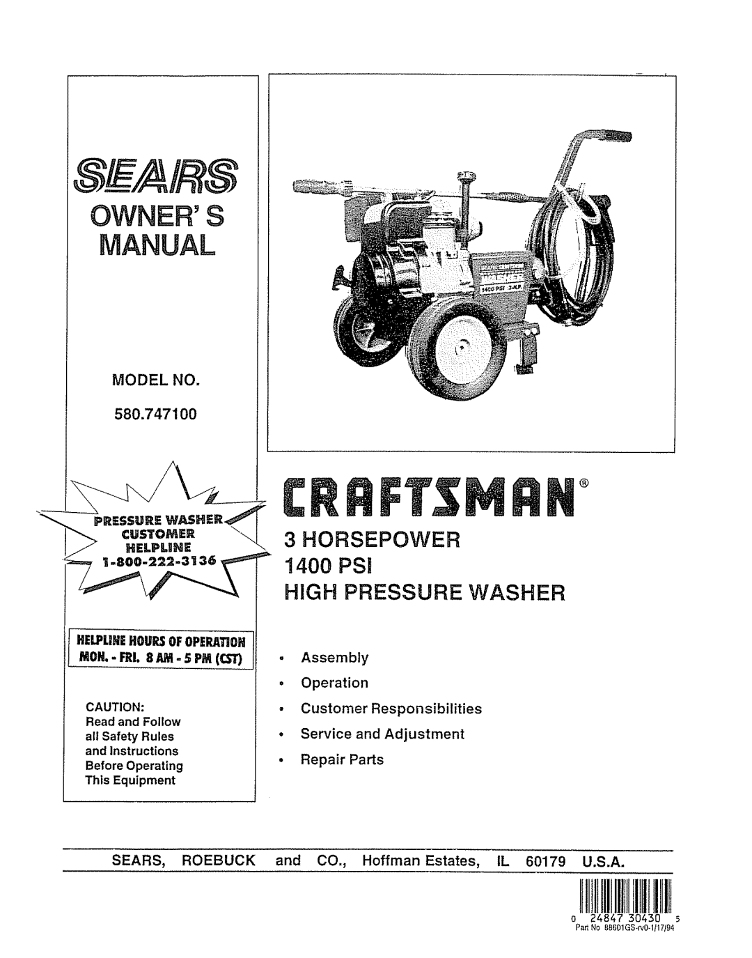 Craftsman 580.7471 owner manual High Pressure Washer, Helpuhehoursofoperatioh, Sears 