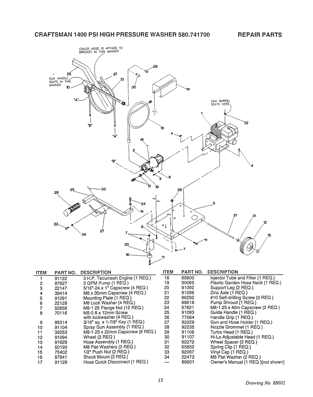 Craftsman 580.7471 owner manual Craftsman 1400 PSI High Pressure Washer Repair Parts, Description Part 