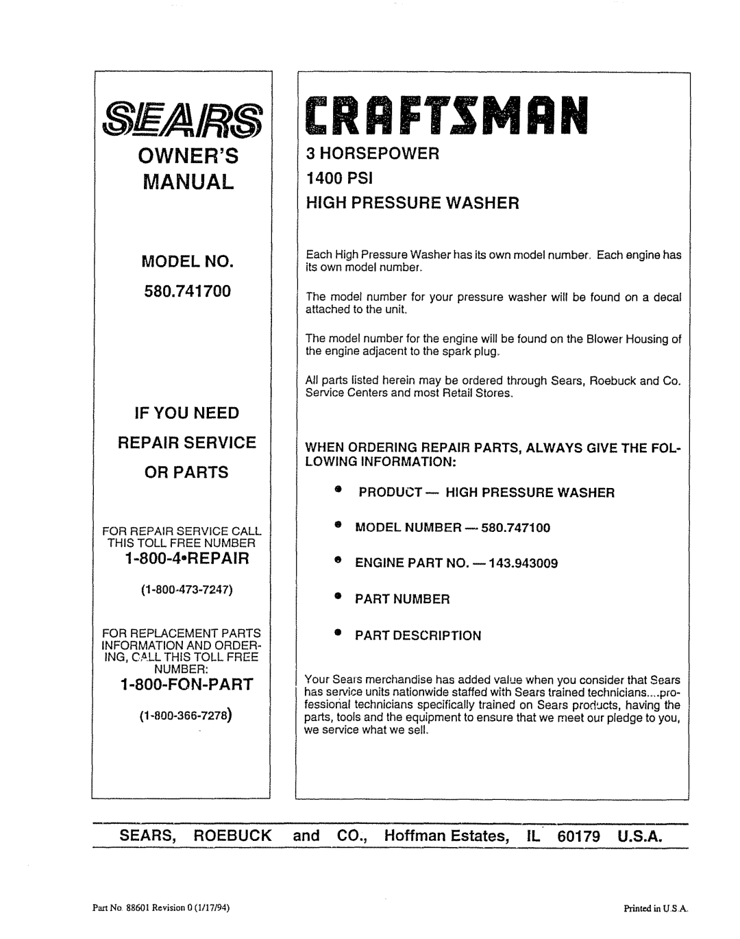 Craftsman 580.7471 owner manual Owners Manual, For Repair Service Call this Toll Free Number, Part Number Part Description 