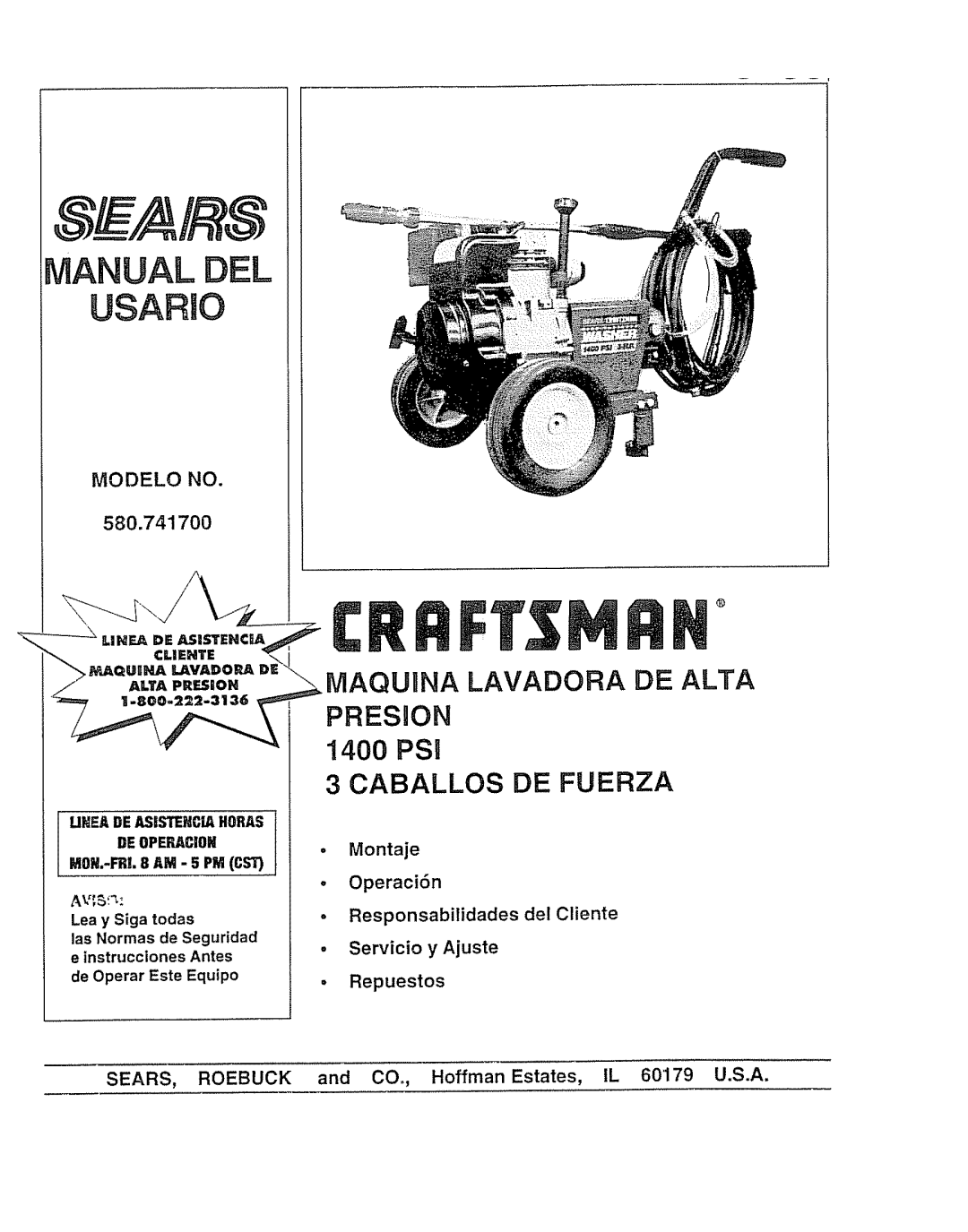 Craftsman 580.7471 owner manual Pres on, Cliente, Quina, Ijnea DE Asistekcahoras DE Operacioh 