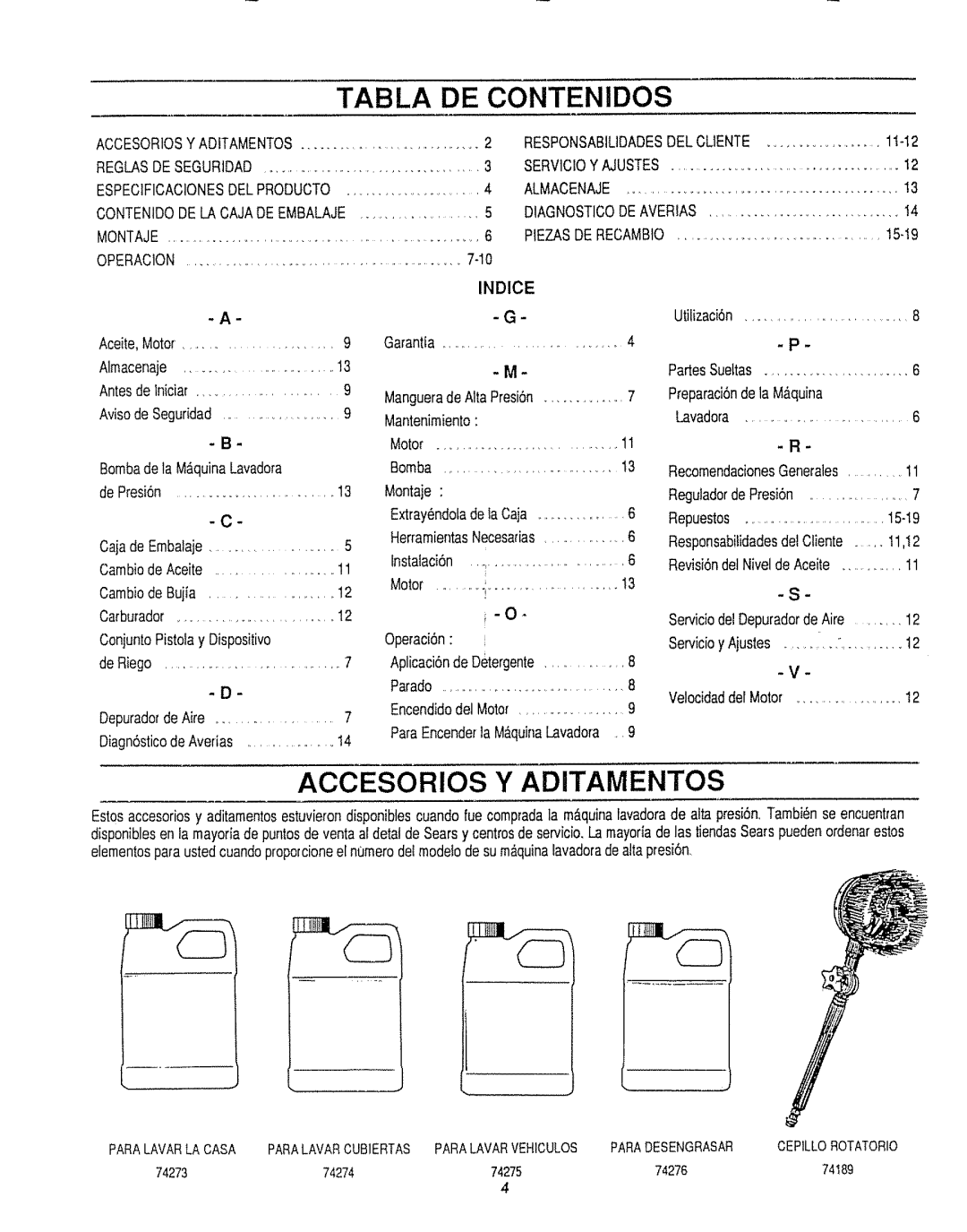 Craftsman 580.7471 owner manual Tabla DE Contenidos, Accesorios Y Aditamentos, Indice 