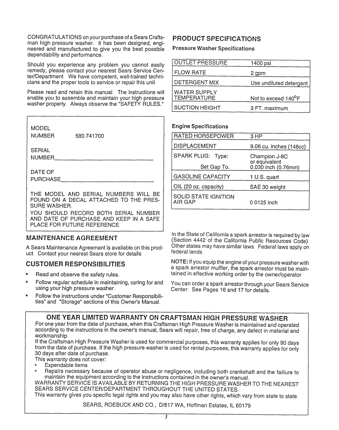 Craftsman 580.7471 owner manual Product Specifications, Maintenance Agreement, Customer Responsibilities 