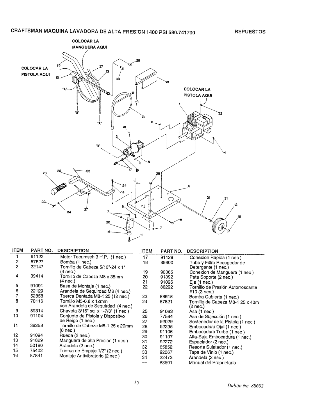 Craftsman 580.7471 owner manual Resuestos, Item Part no, Colocar LA Manguera Aqui 