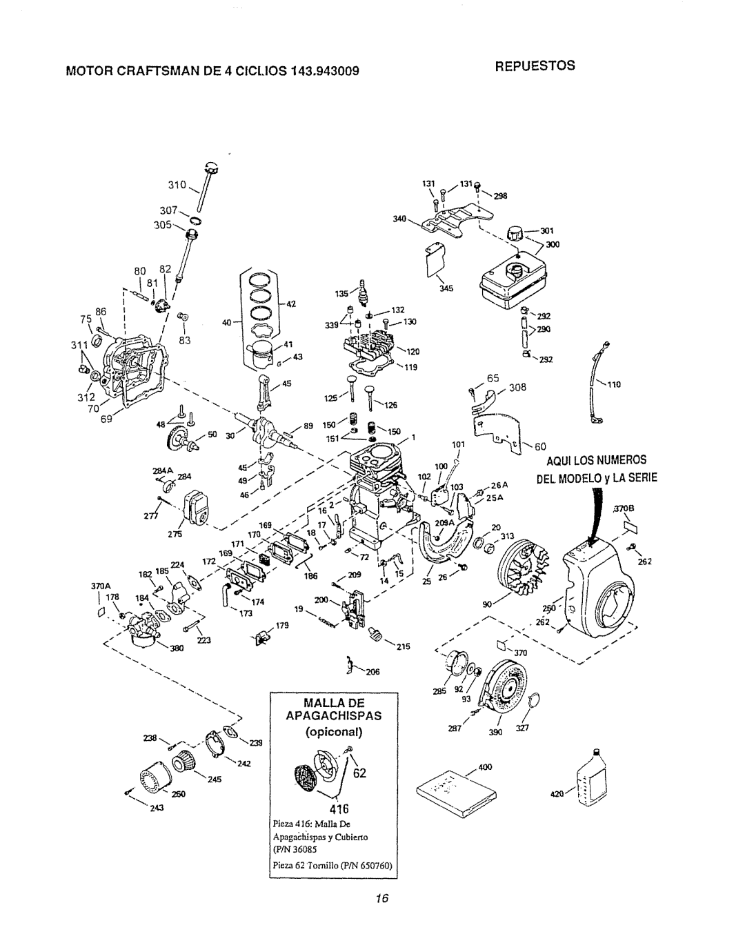 Craftsman 580.7471 owner manual Repuestos, Malla DE, Apagachispas 