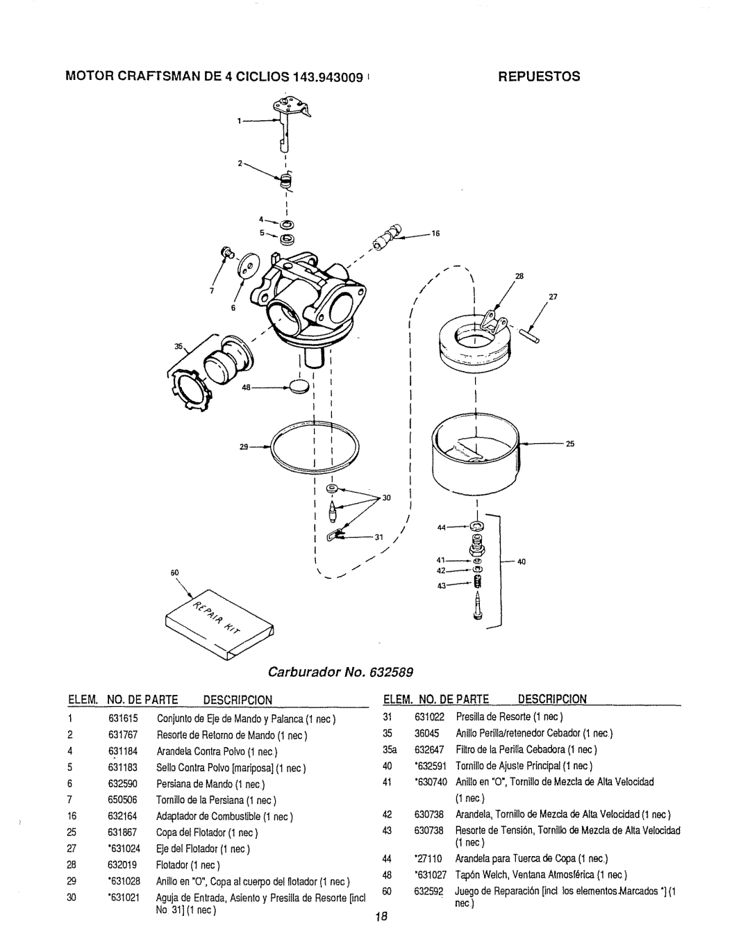 Craftsman 580.7471 owner manual Motor CRAF-ISMAN DE 4 Ciclios 143.943009 t 