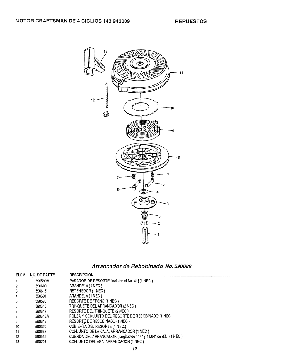 Craftsman 580.7471 owner manual ELEM. NO. DE Parte Descripcion, RETENEDOR1NEC 