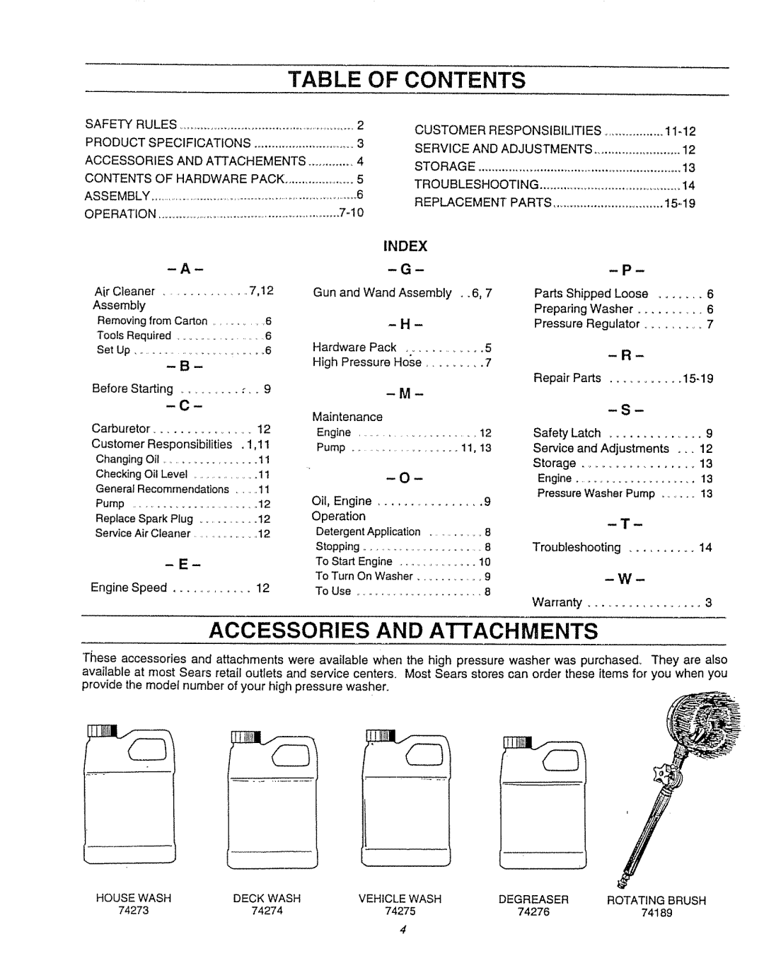 Craftsman 580.7471 owner manual Table of Contents, Accessories and Attachments 