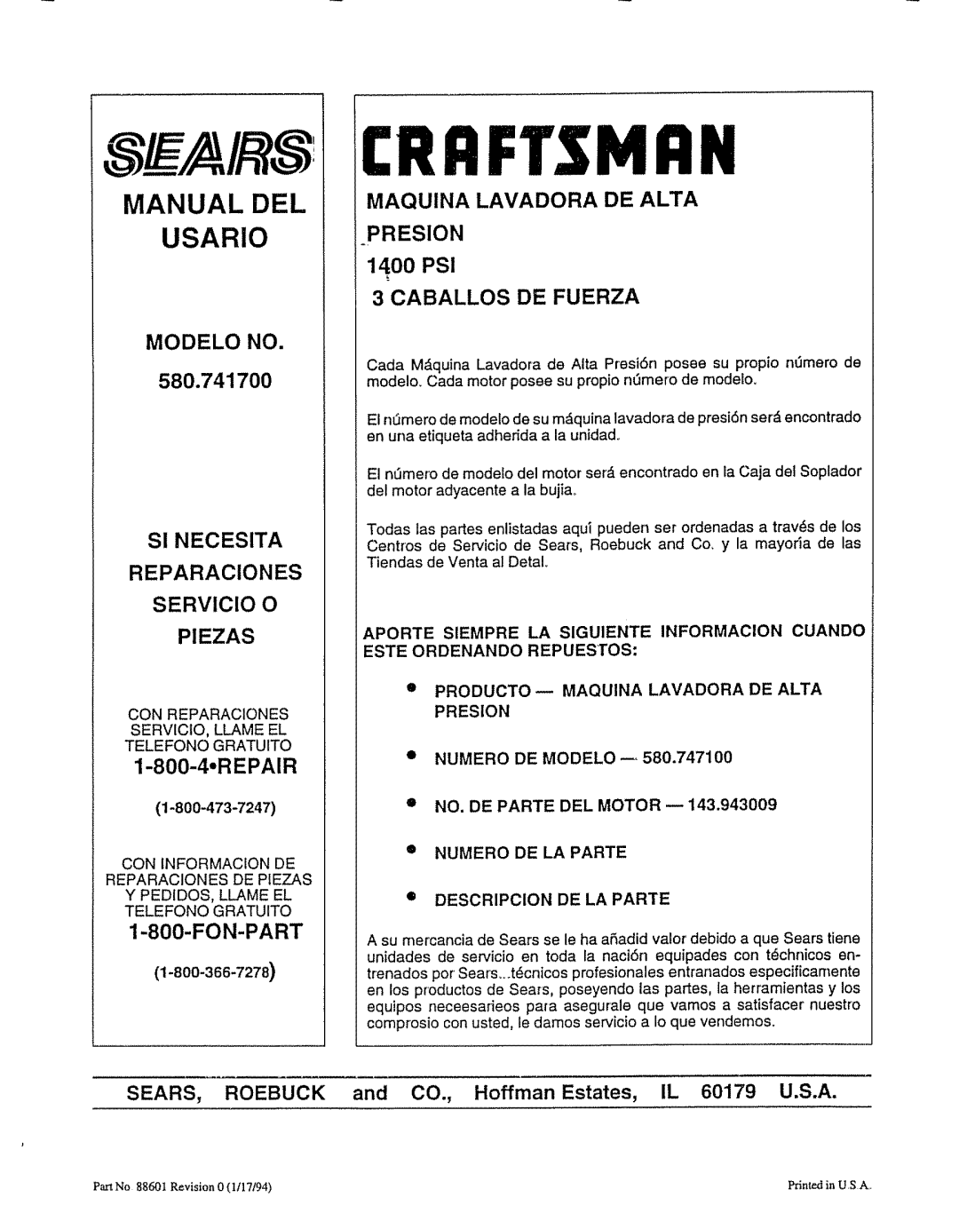 Craftsman 580.7471 owner manual Manual DEL Usario, Numero DE LA Parte 