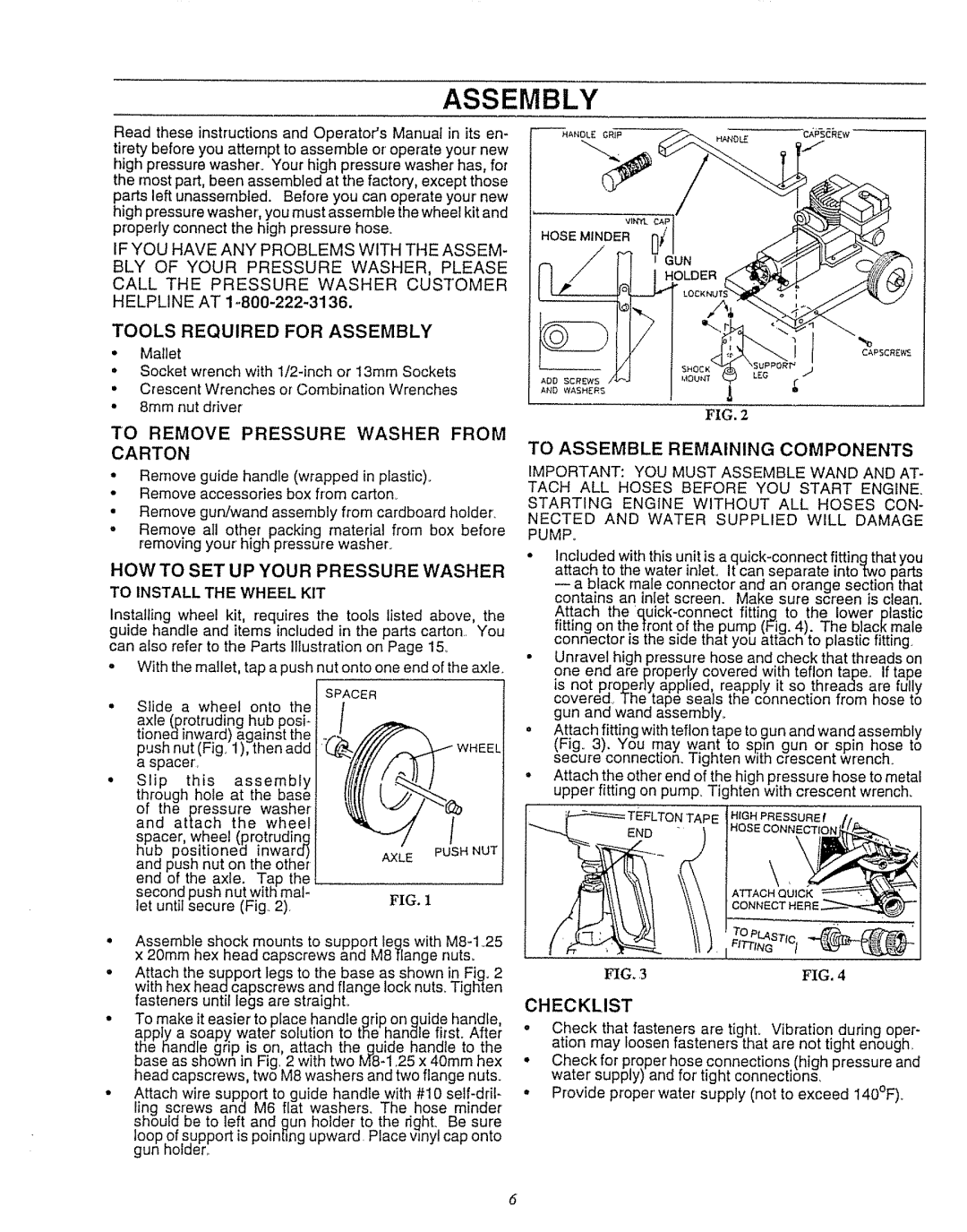 Craftsman 580.7471 Tools Required for Assembly, Howto SET UP Your Pressure Washer, Checklist, To Install the Wheel KIT 