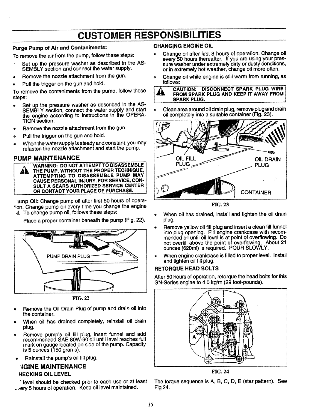 Craftsman 580.751651 Pump Maintenance, Necking OIL Level, Changing Engine OIL, From Spark Plug and Keep IT Away from 