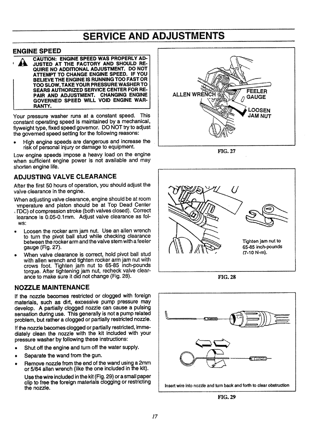 Craftsman 580.751651 Service and Adjustments, Engine Speed, Feeler, Adjusting Valve Clearance, Nozzle Maintenance 